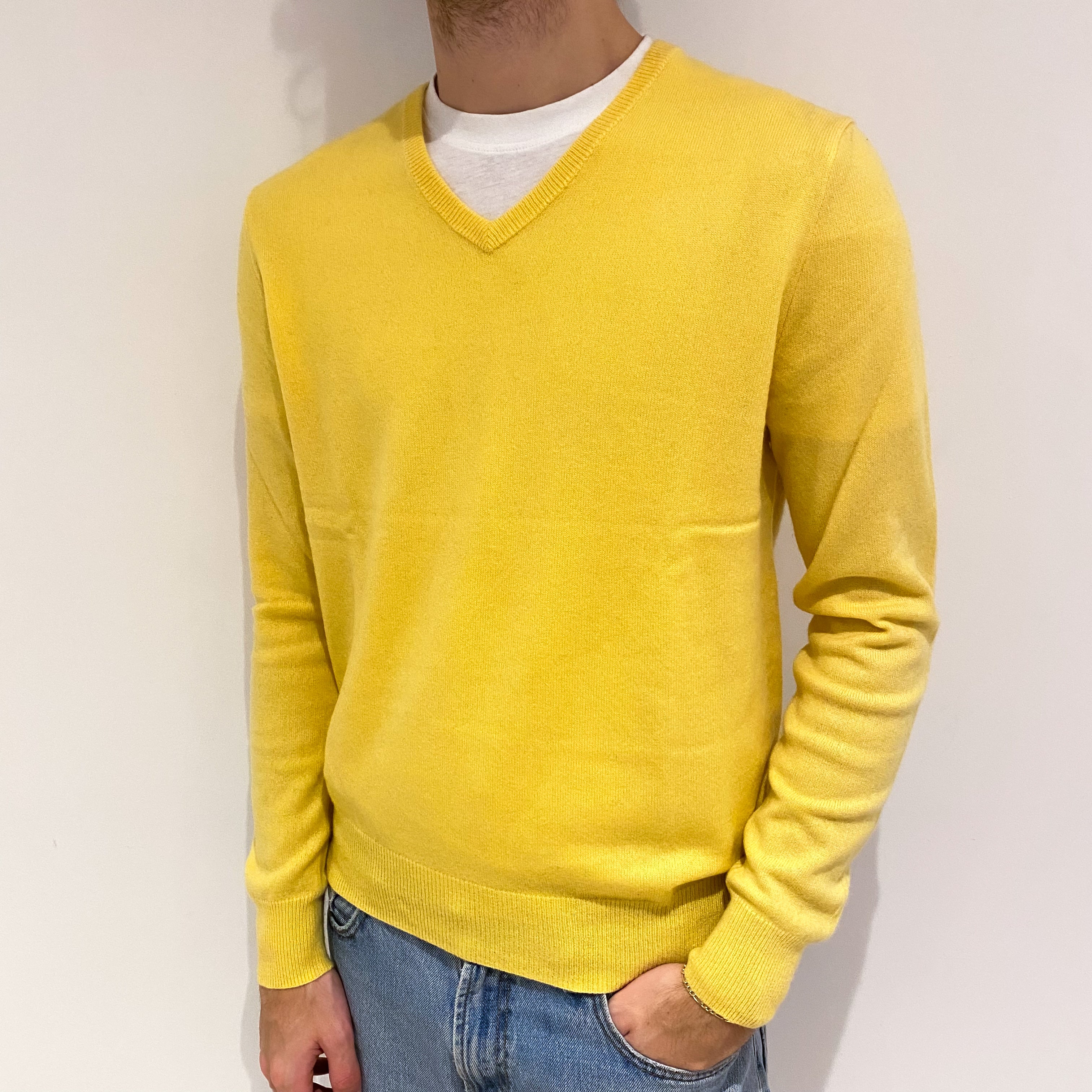 Men's Ralph Lauren Pineapple Yellow Cashmere V Neck Jumper Medium