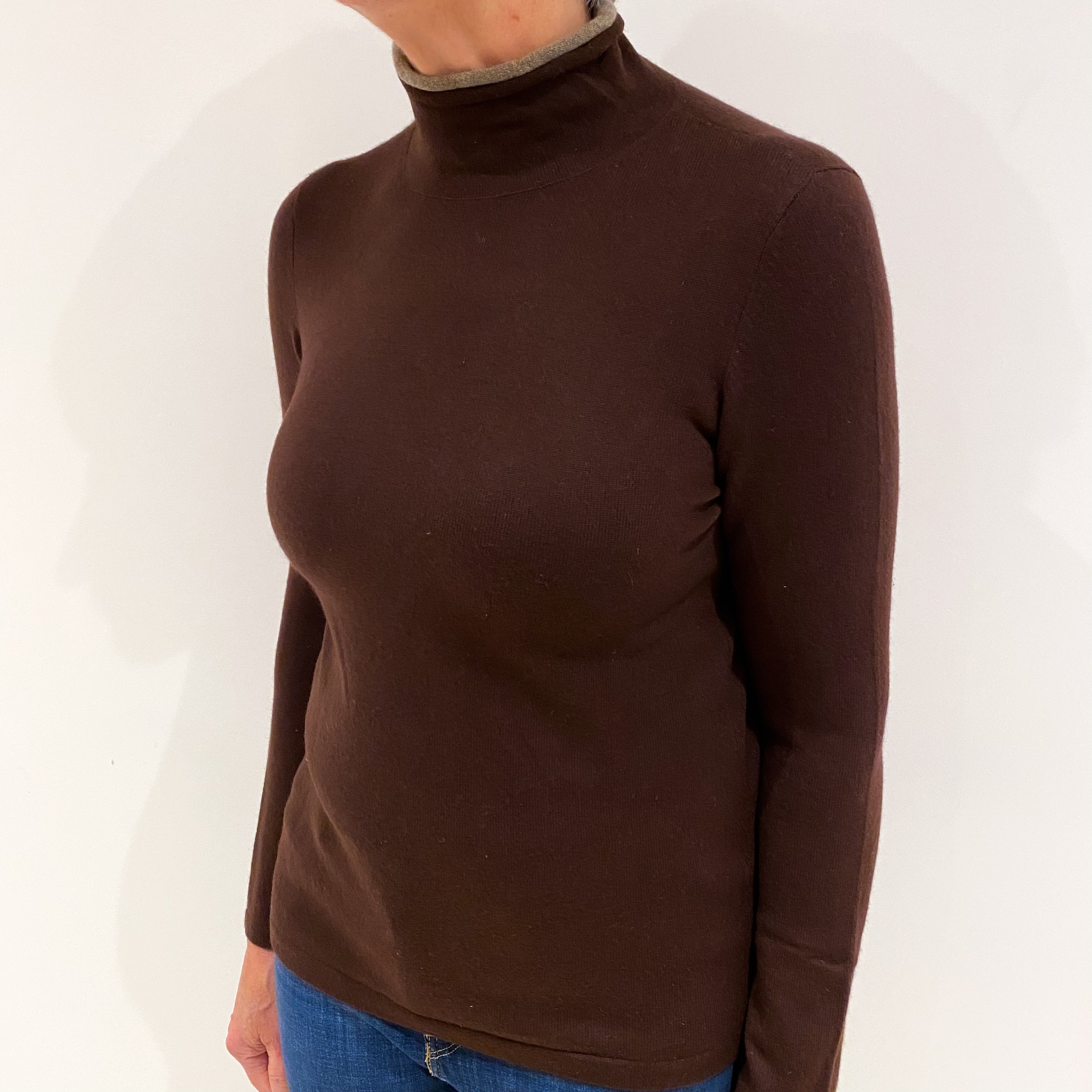 Chocolate Brown Cashmere Funnel Neck Jumper Medium