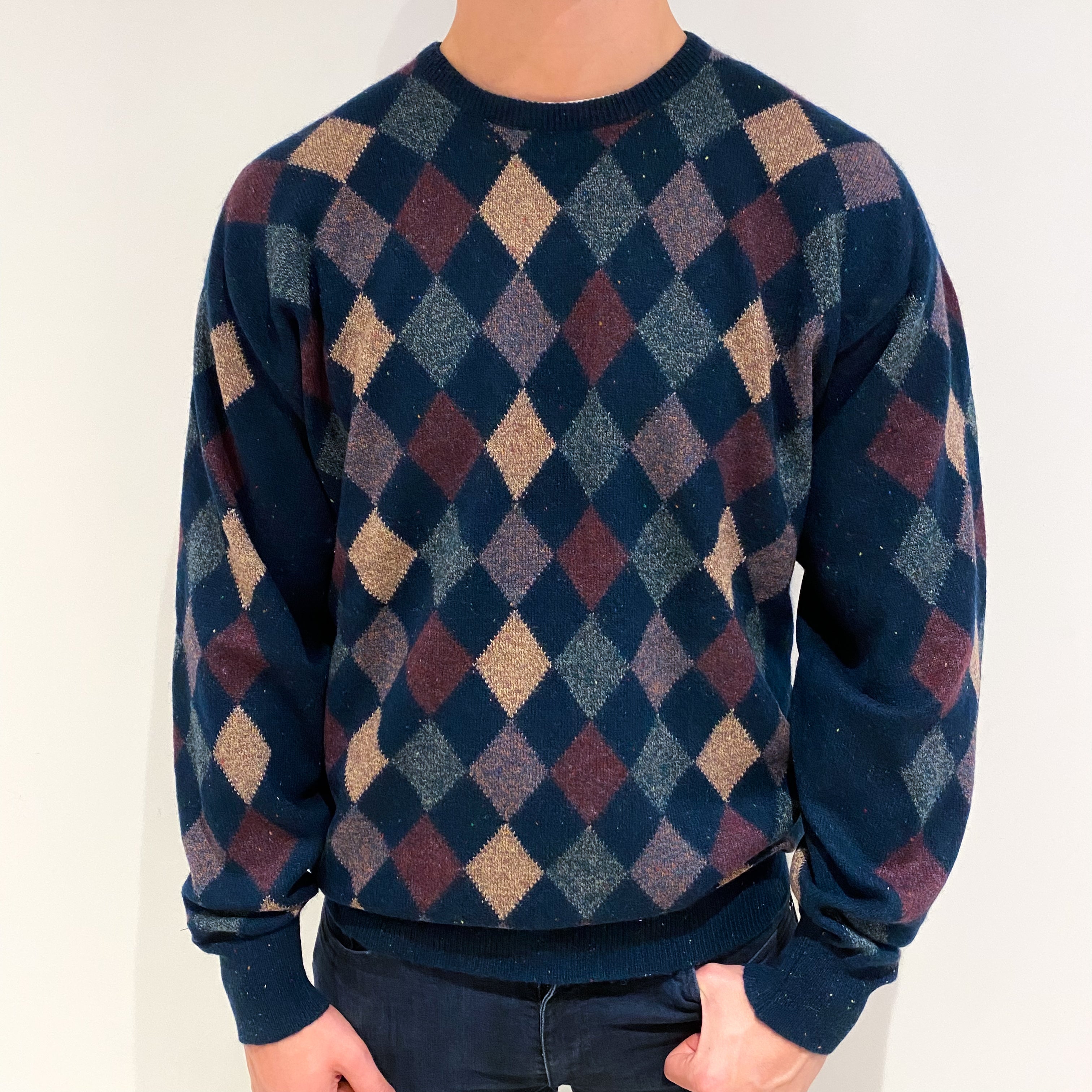 Men's Scottish Deep Petrol Blue Patterned Cashmere Crew Neck Jumper XL