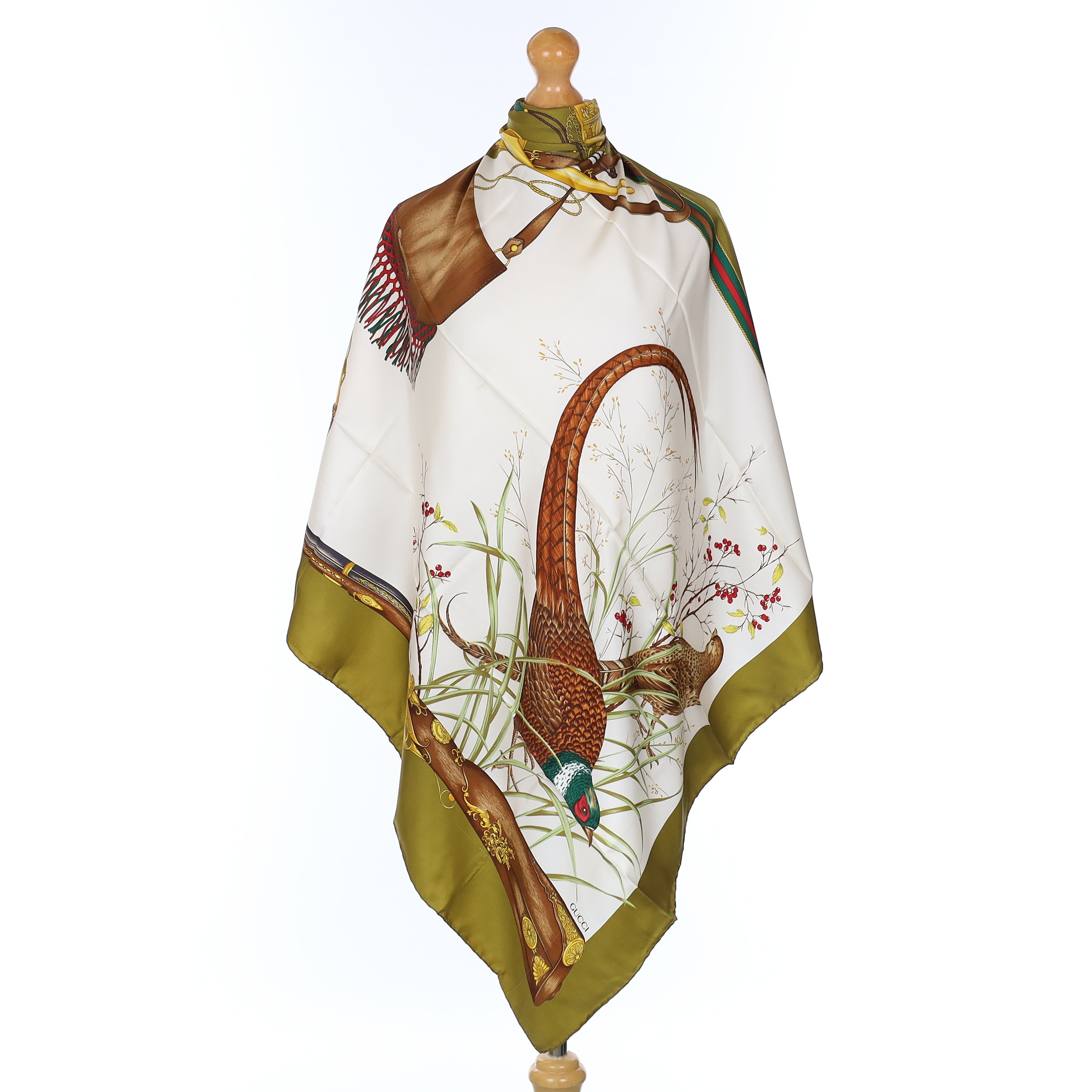 Brand New Gucci Olive Green Pheasant Hunt Vintage Silk Scarf