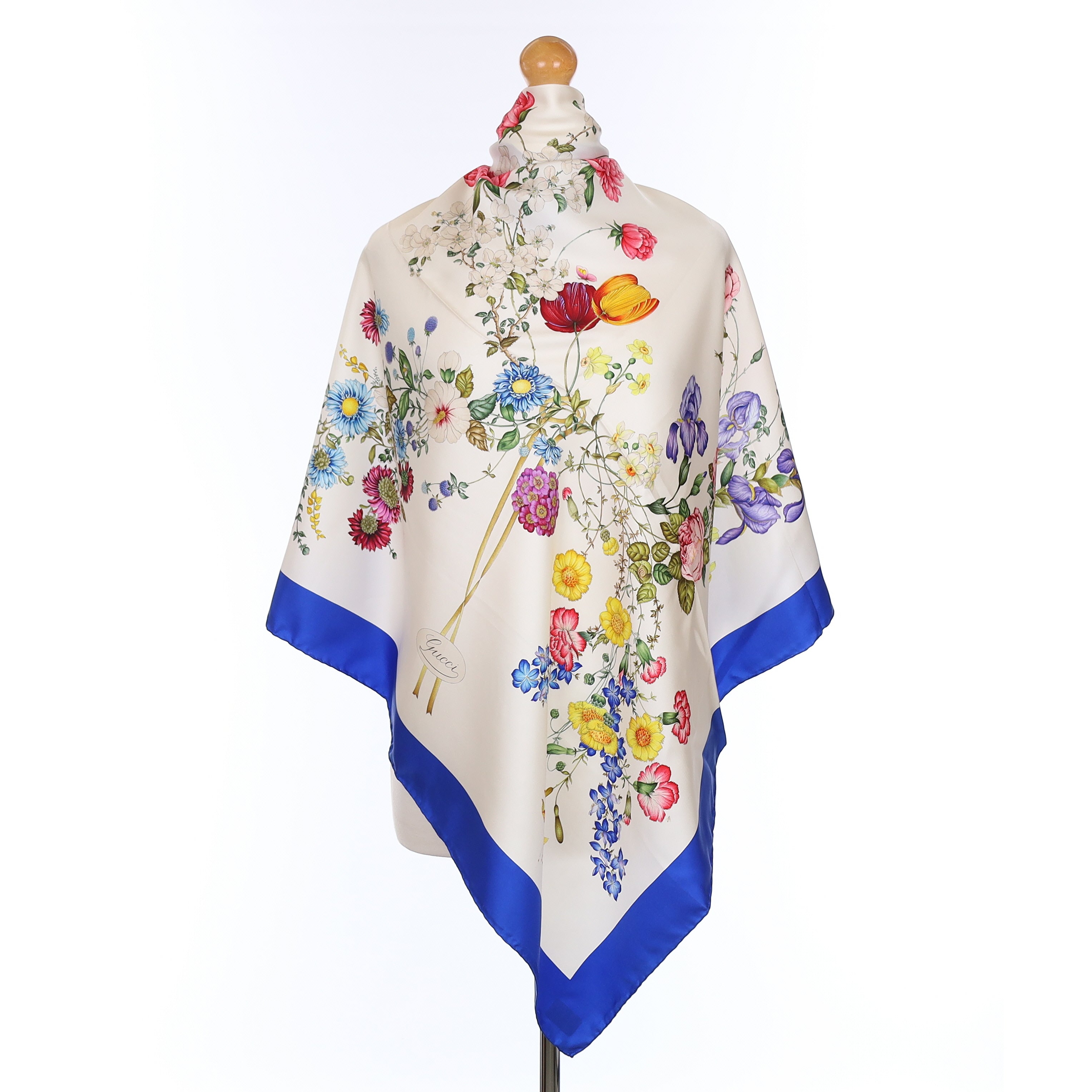 Brand New Gucci Blue and White Floral Vintage Silk Scarf