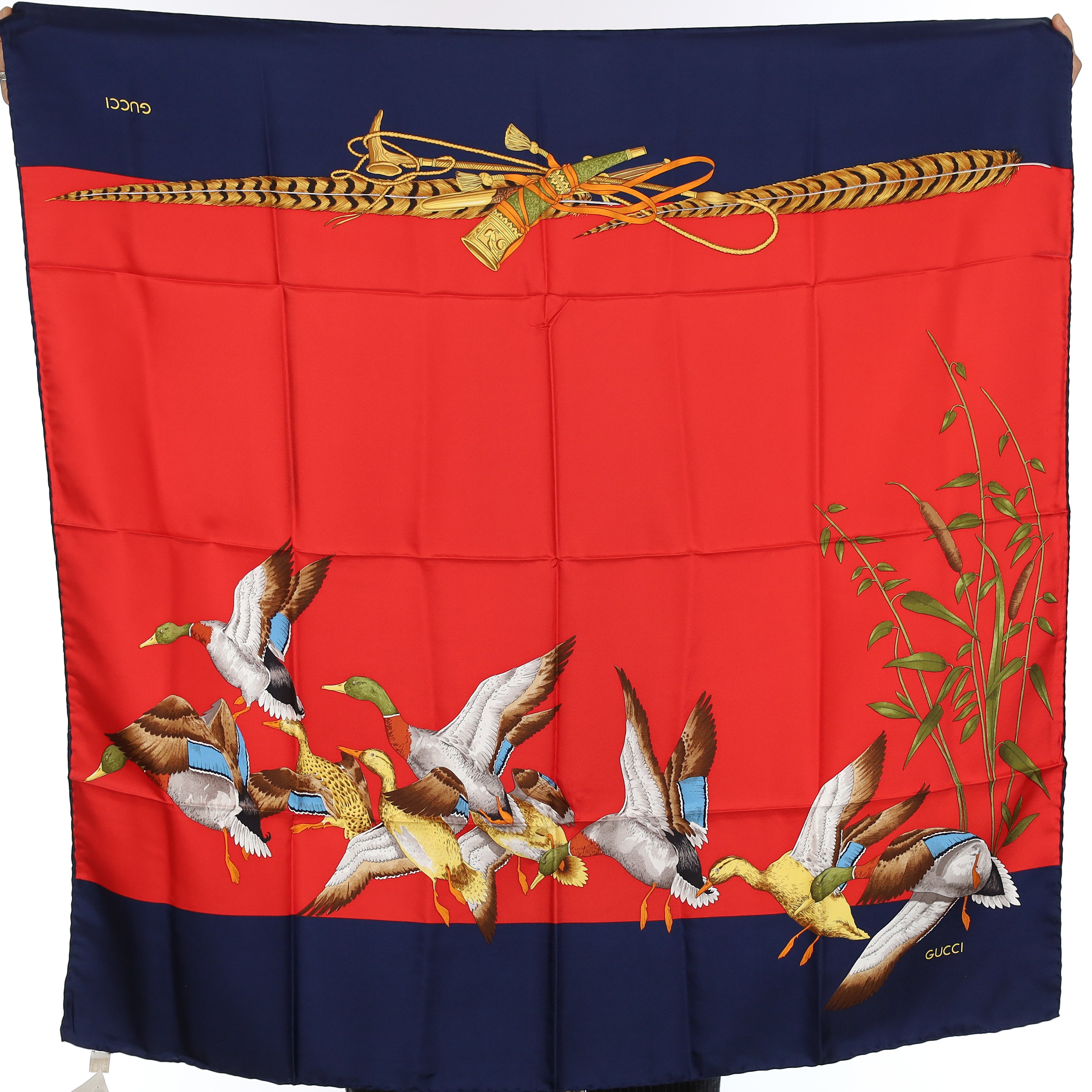 Brand New Gucci Red and Navy Ducks in Flight Vintage Silk Scarf