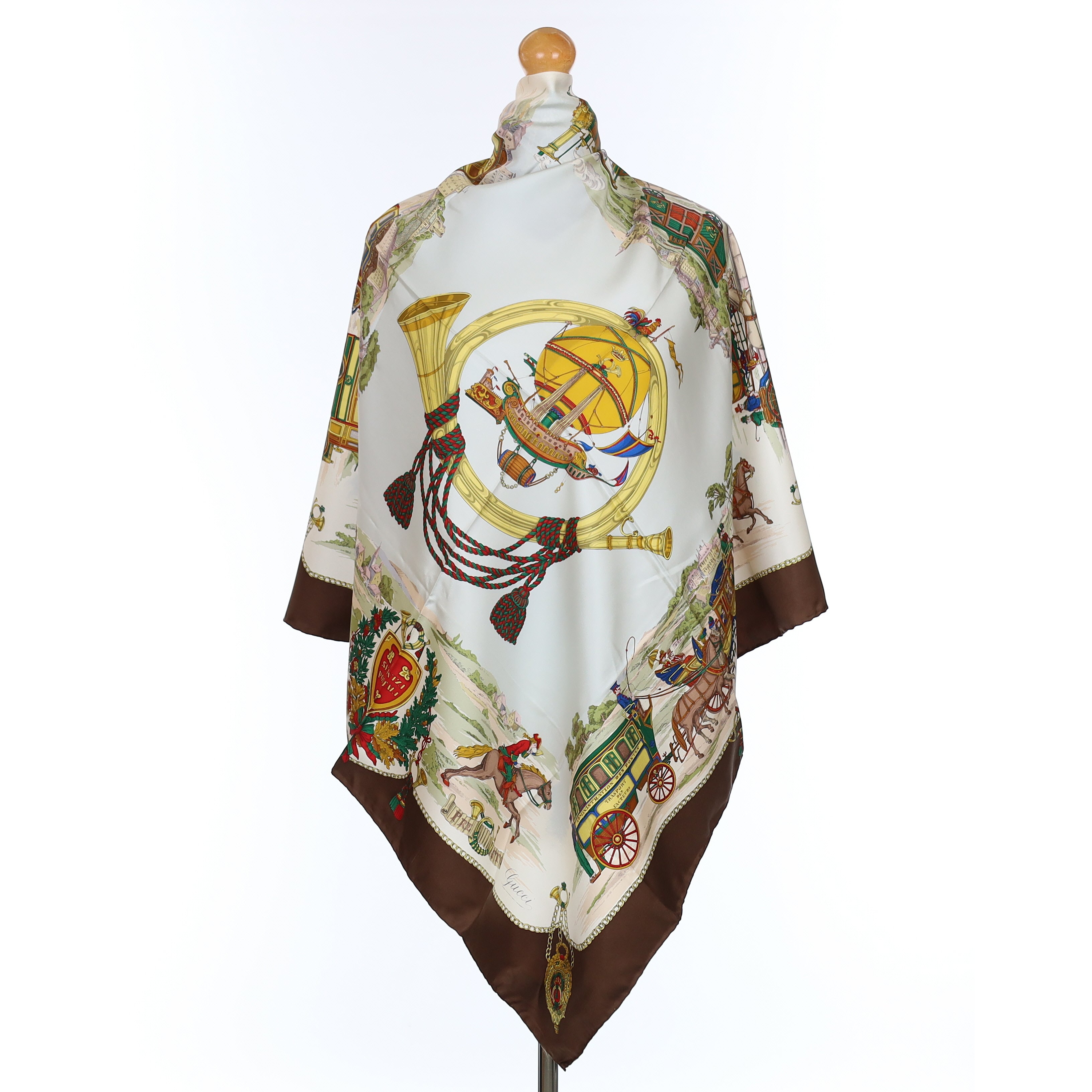 Brand New Gucci Brown Coaches Vintage Silk Scarf
