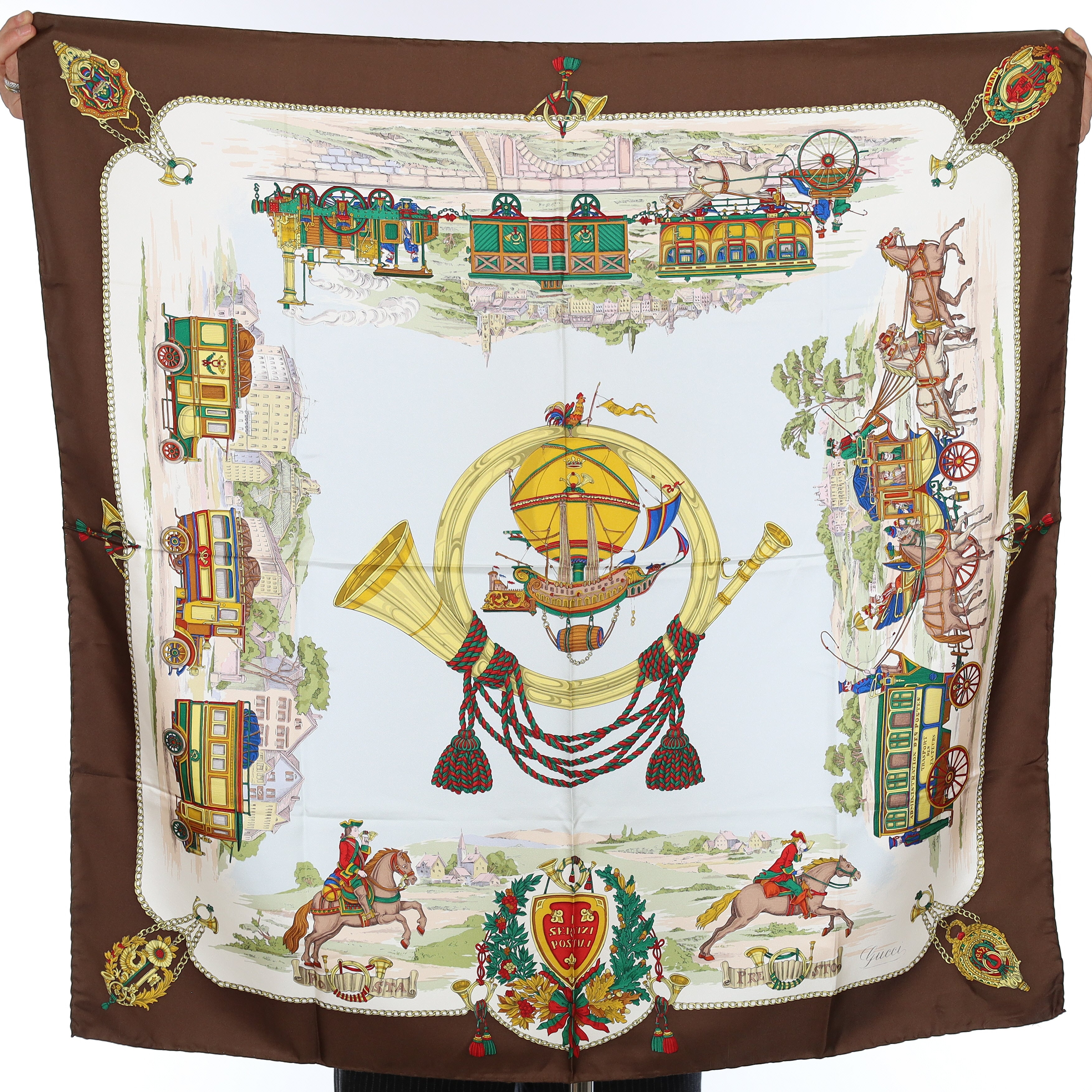 Brand New Gucci Brown Coaches Vintage Silk Scarf
