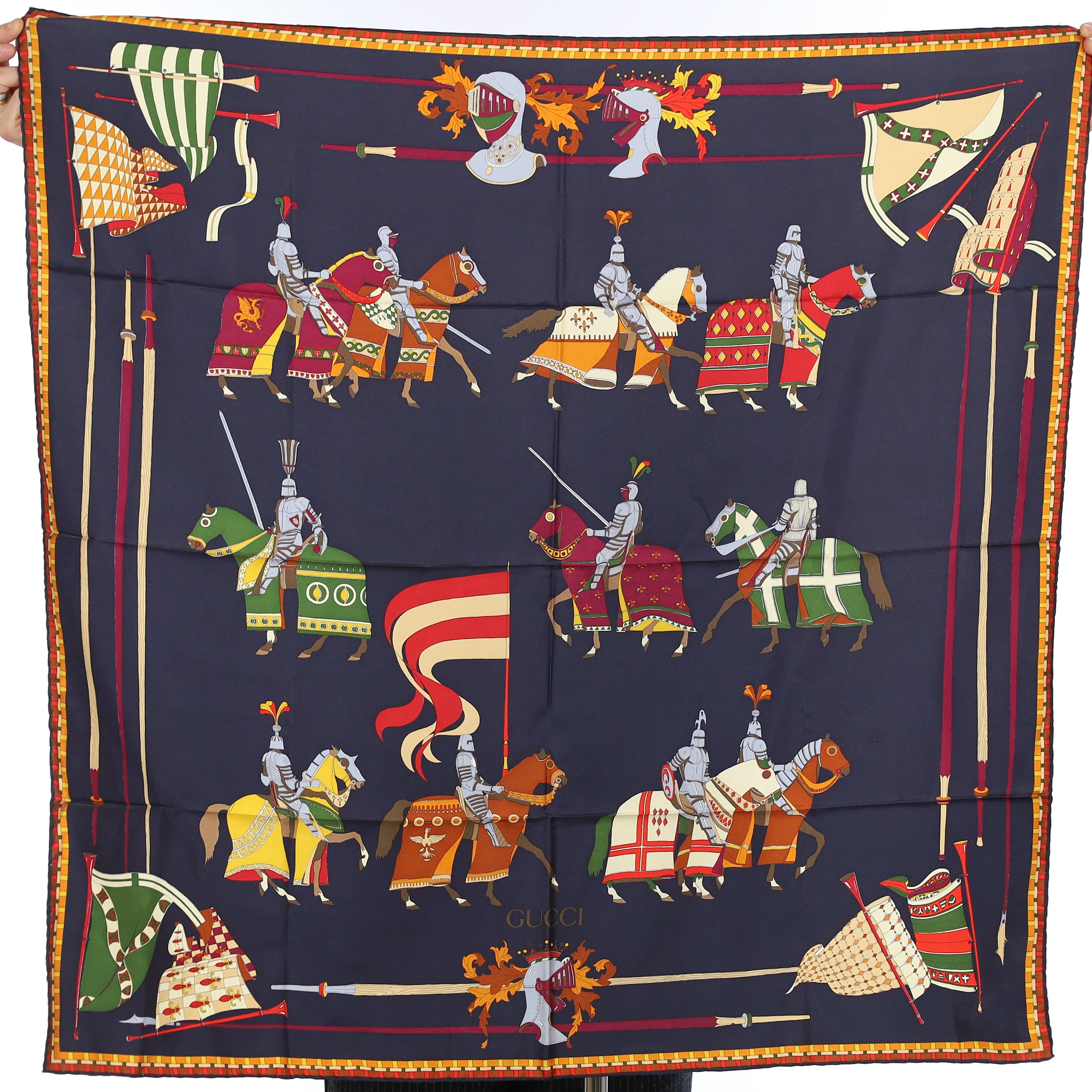 Brand New Gucci Dressed Equestrian Darkest Navy Vintage Silk Scarf