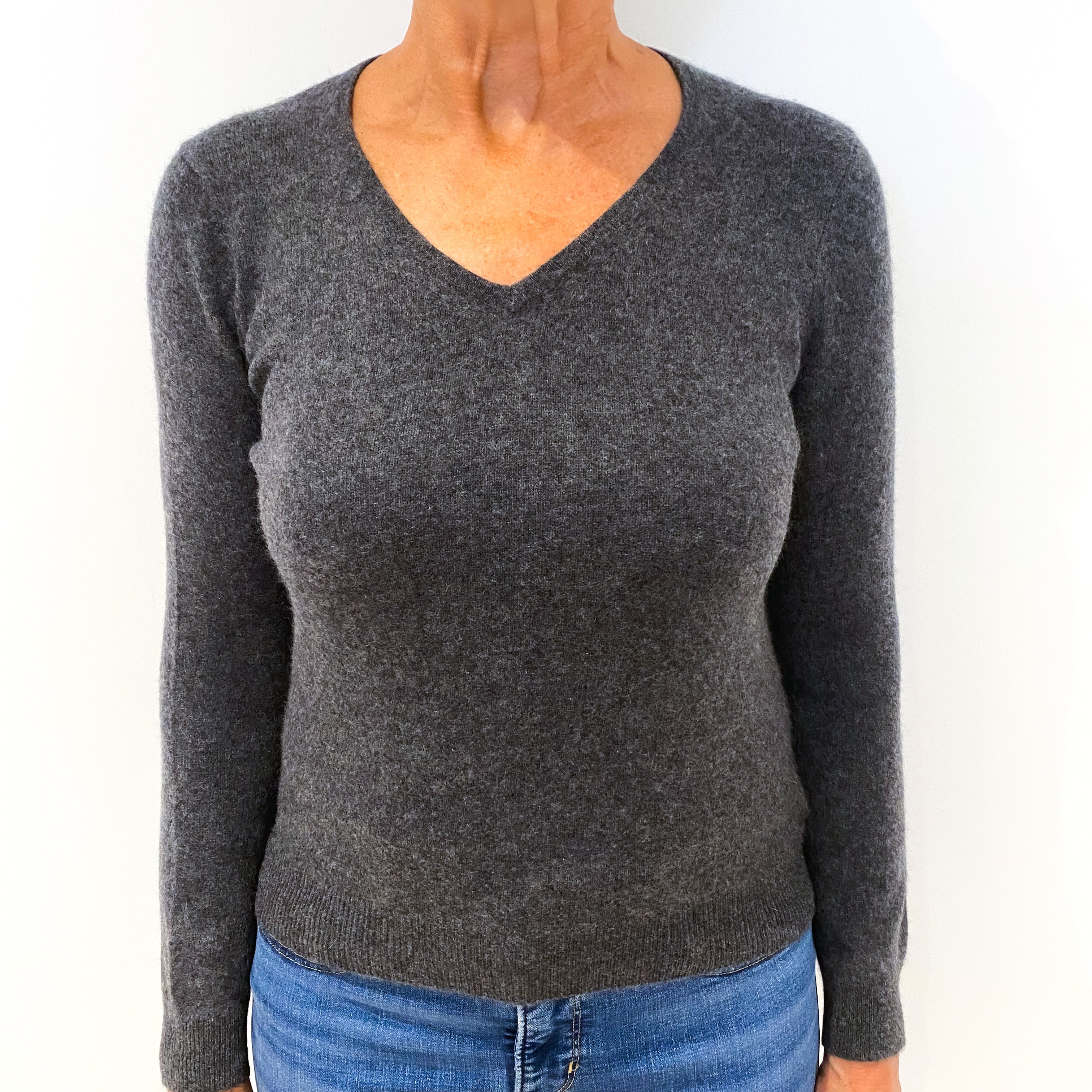 Charcoal Grey Cashmere V-Neck Jumper Medium