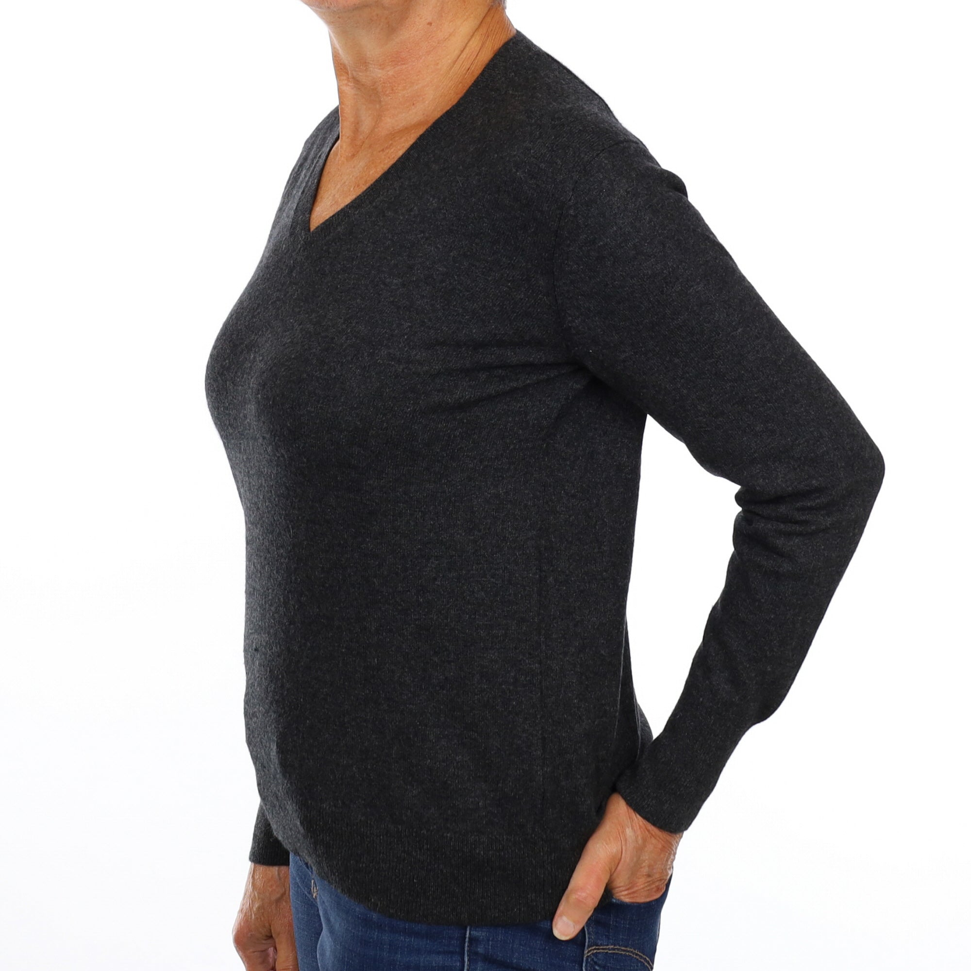 Charcoal Grey Cashmere V Neck Jumper Medium