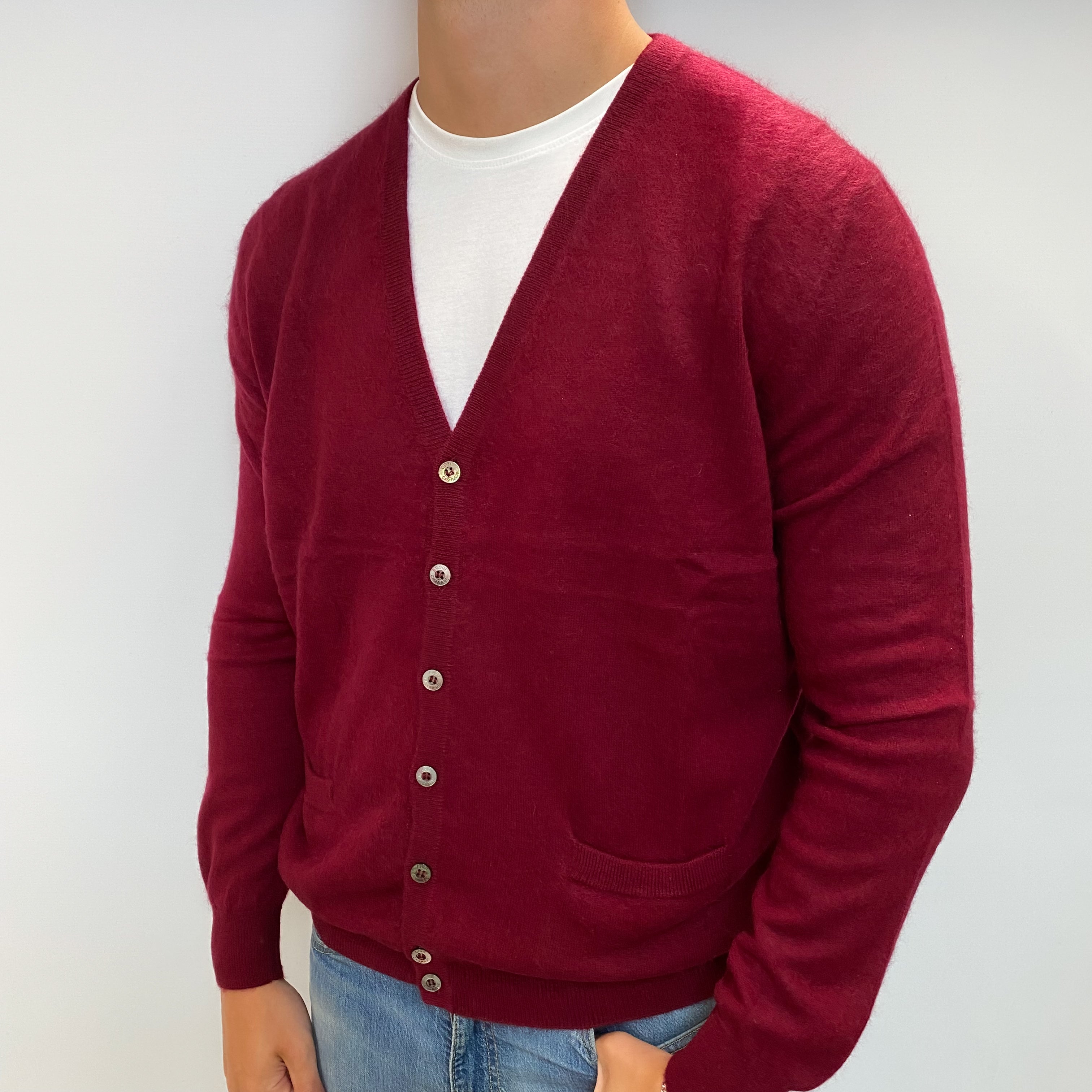 Men's Gobi Burgundy Red Cashmere V Neck Cardigan with Pockets XL