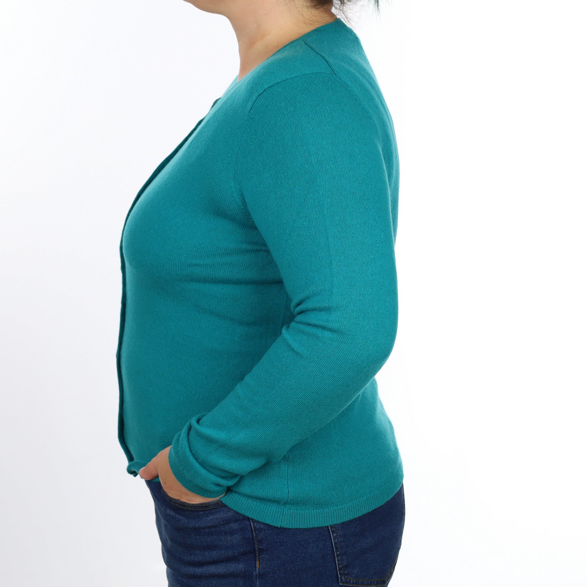 Deep Turquoise Cashmere Crew Neck Cardigan Large