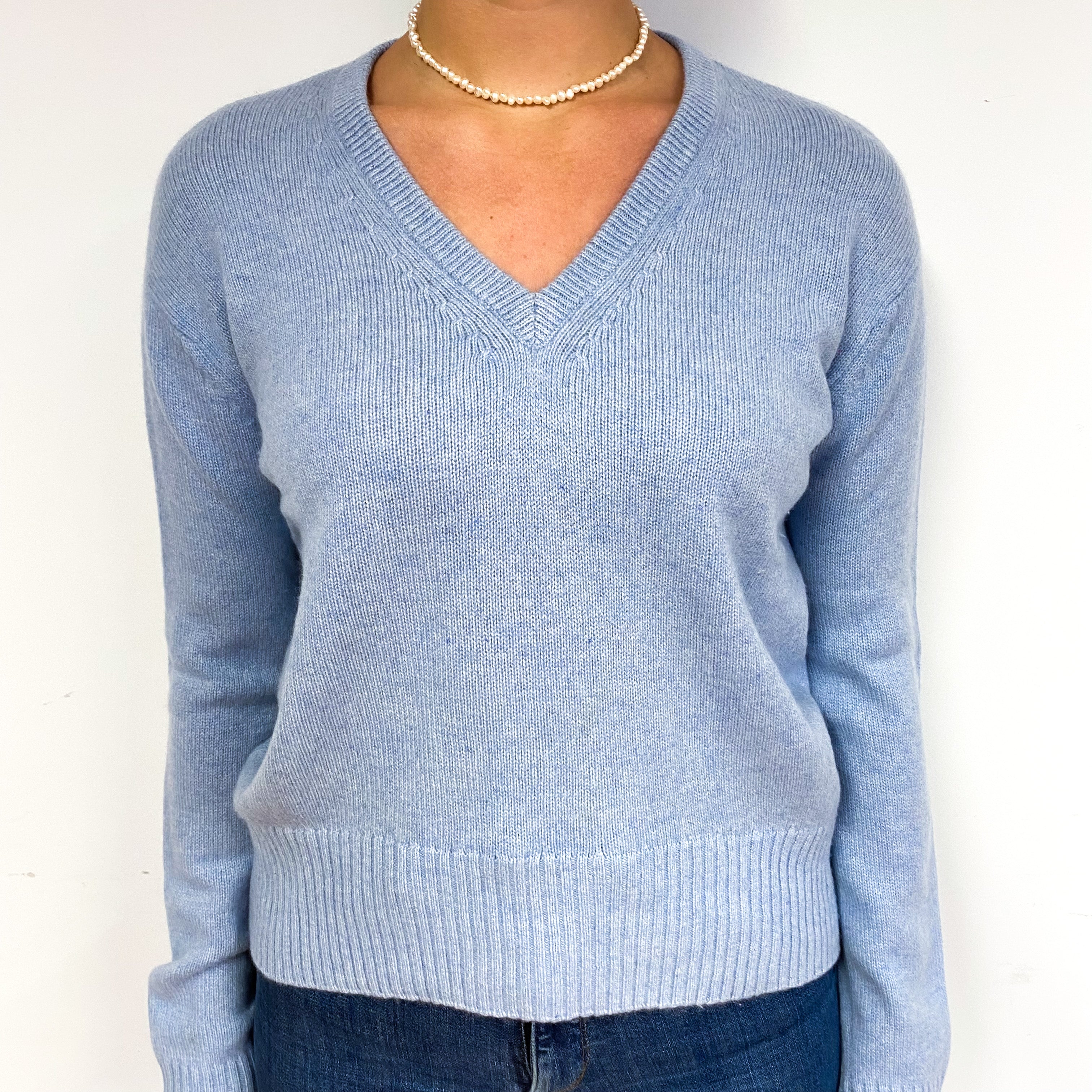 Sky Blue Chunky Cashmere V-Neck Jumper Small