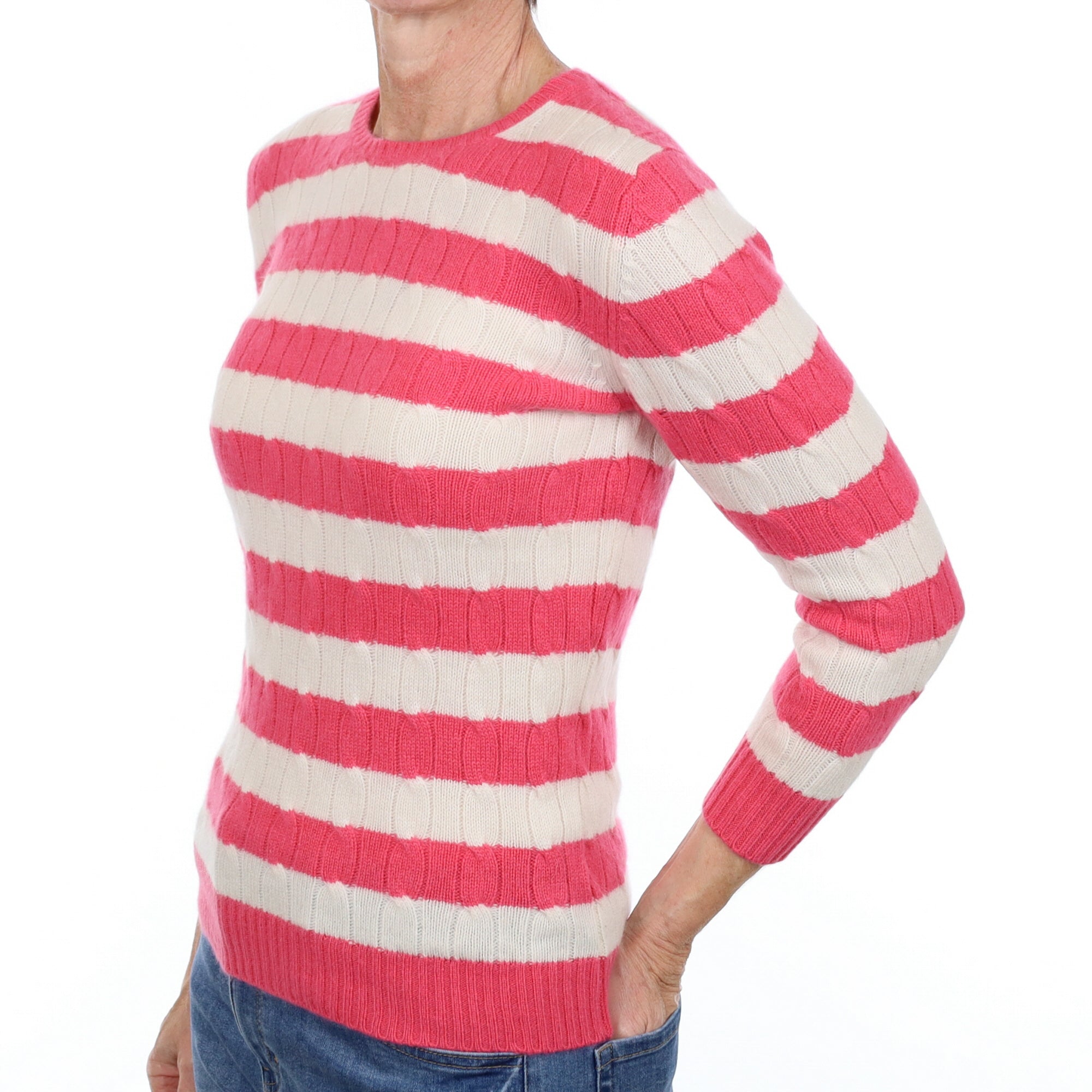 Bubblegum and Cream Striped Cashmere Crew Neck Jumper Small