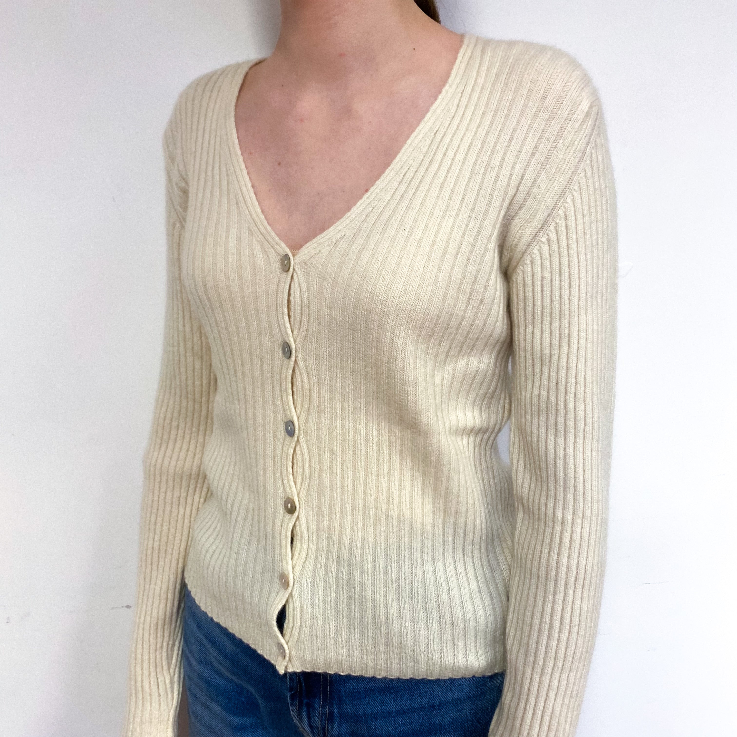 Vanilla Cream Ribbed Cashmere V-Neck Cardigan Extra Small