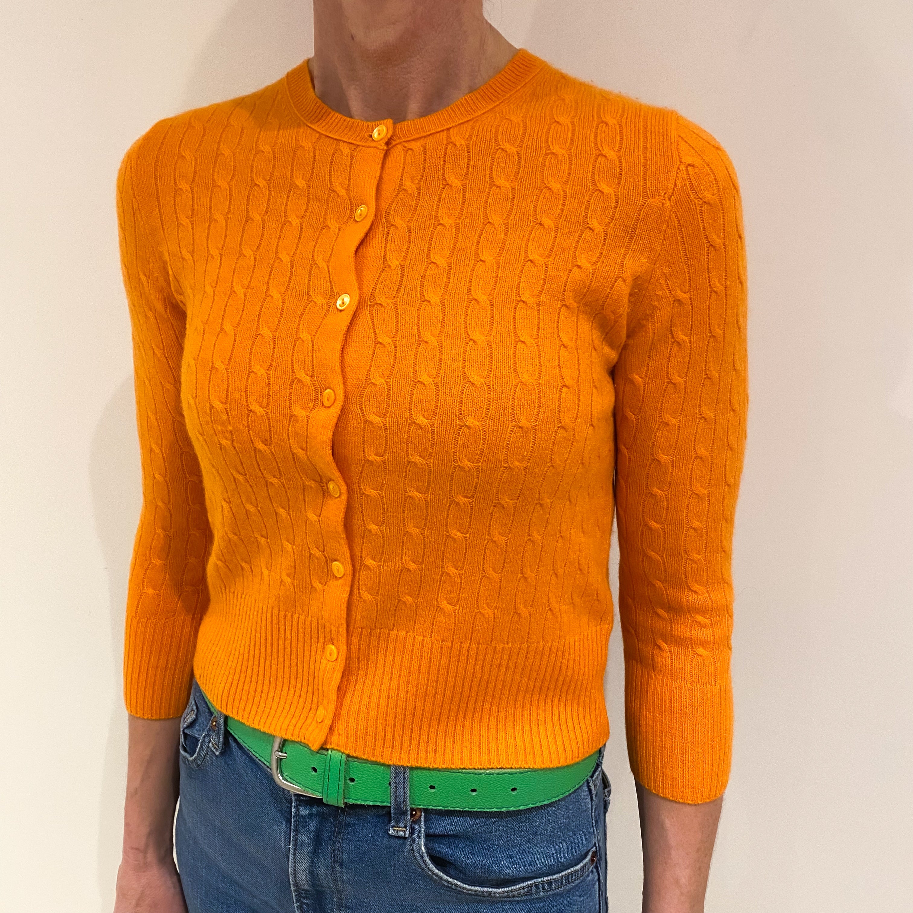 Tangerine Orange Cable Cashmere Crew Neck Cardigan Small