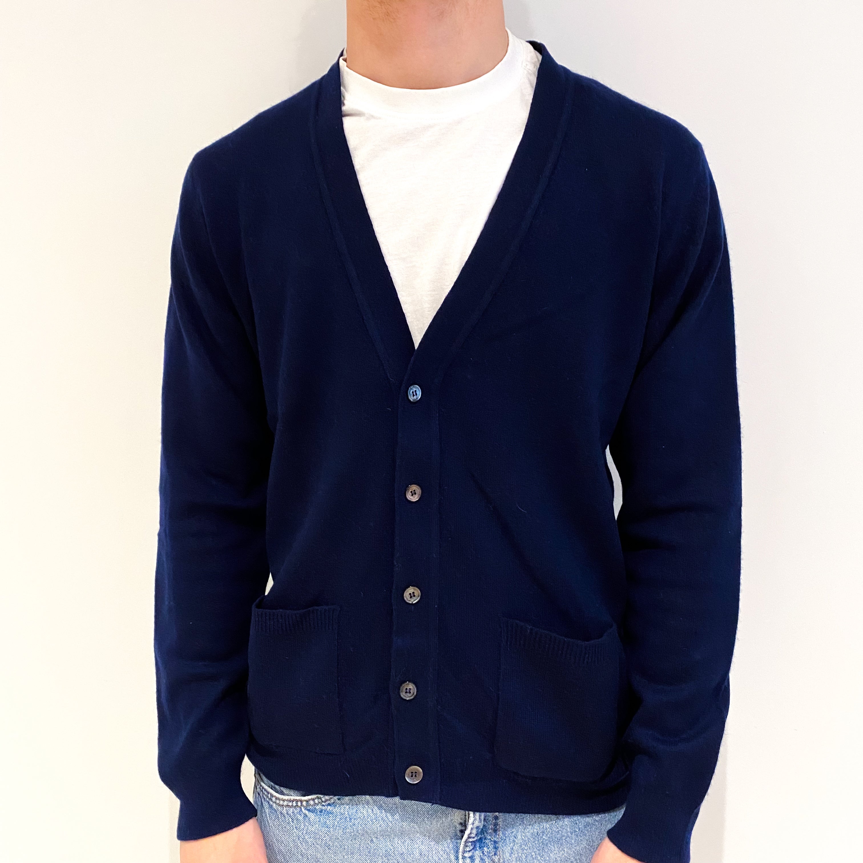 Men's Navy Blue Cashmere V-Neck Cardigan with Pockets Medium