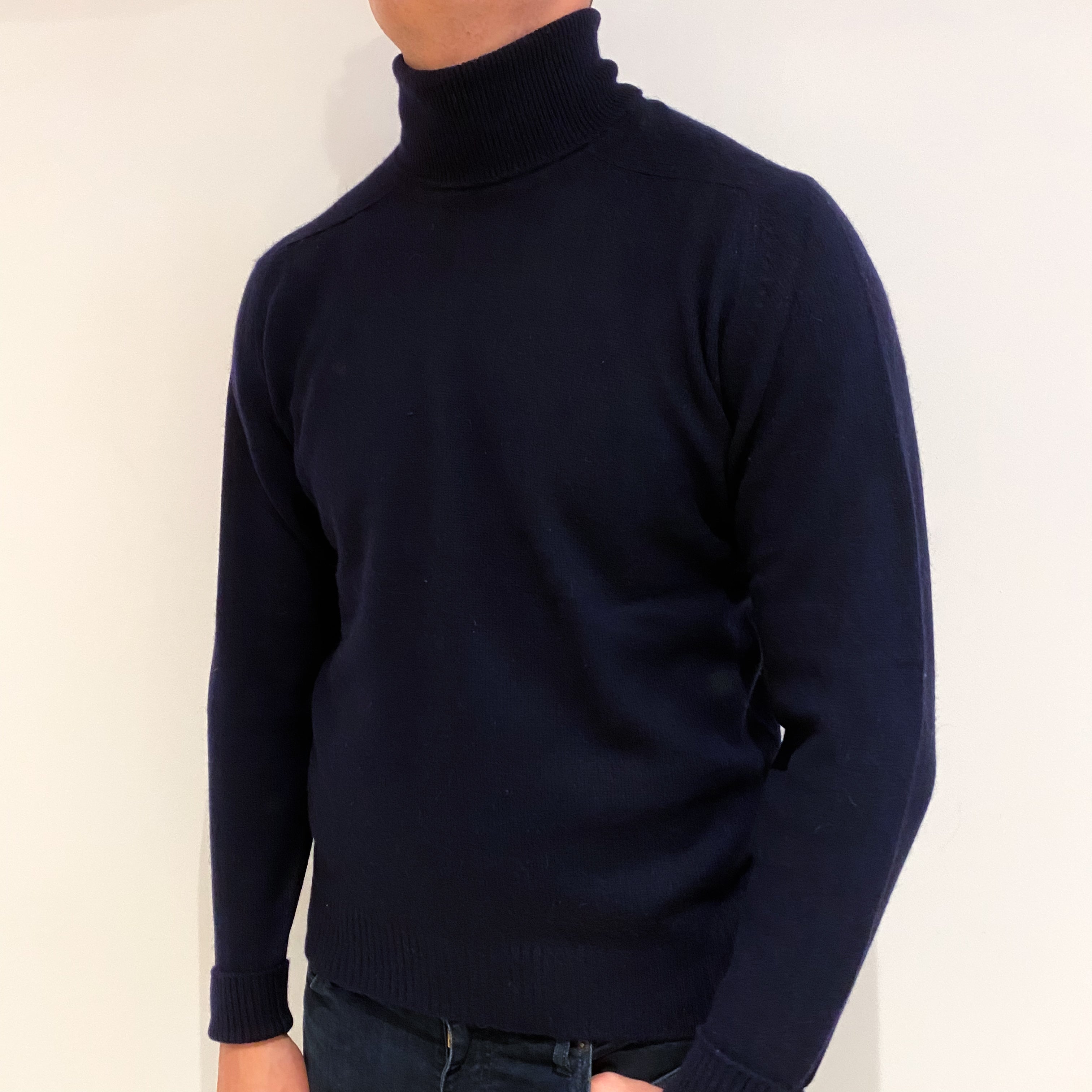 Men's Navy Blue Cashmere Polo Neck Jumper Extra Large