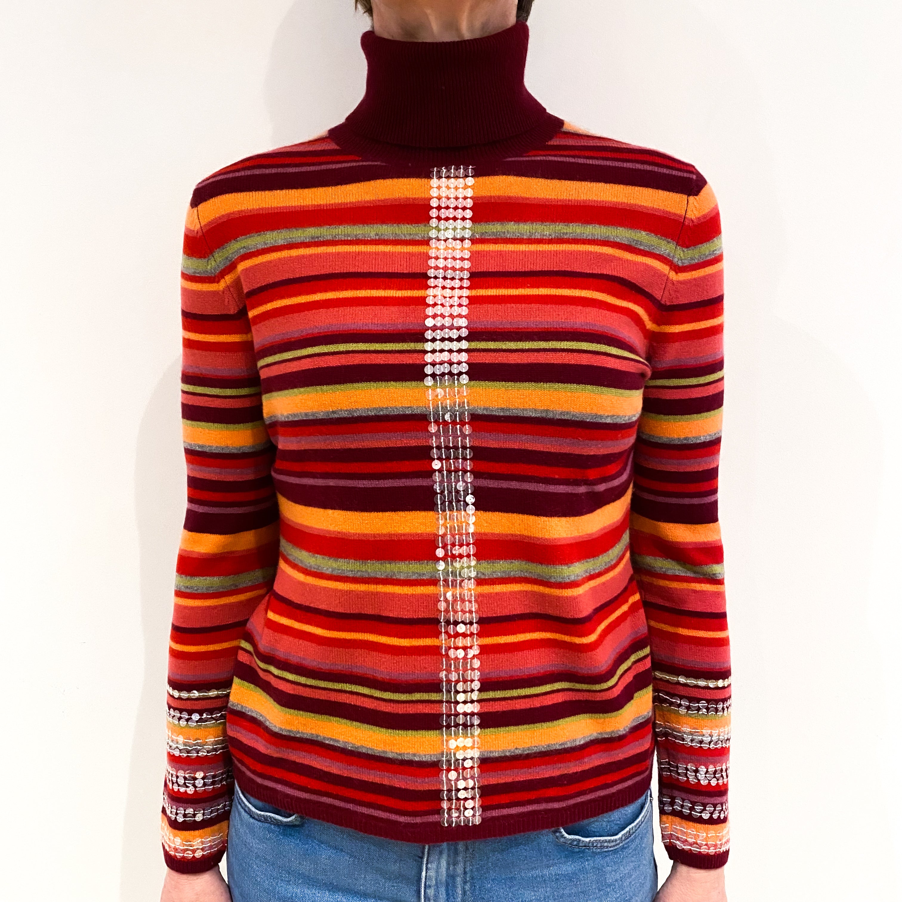 Burgundy And Multicolour Stripes With Sequins Cashmere Polo Neck Jumper Small