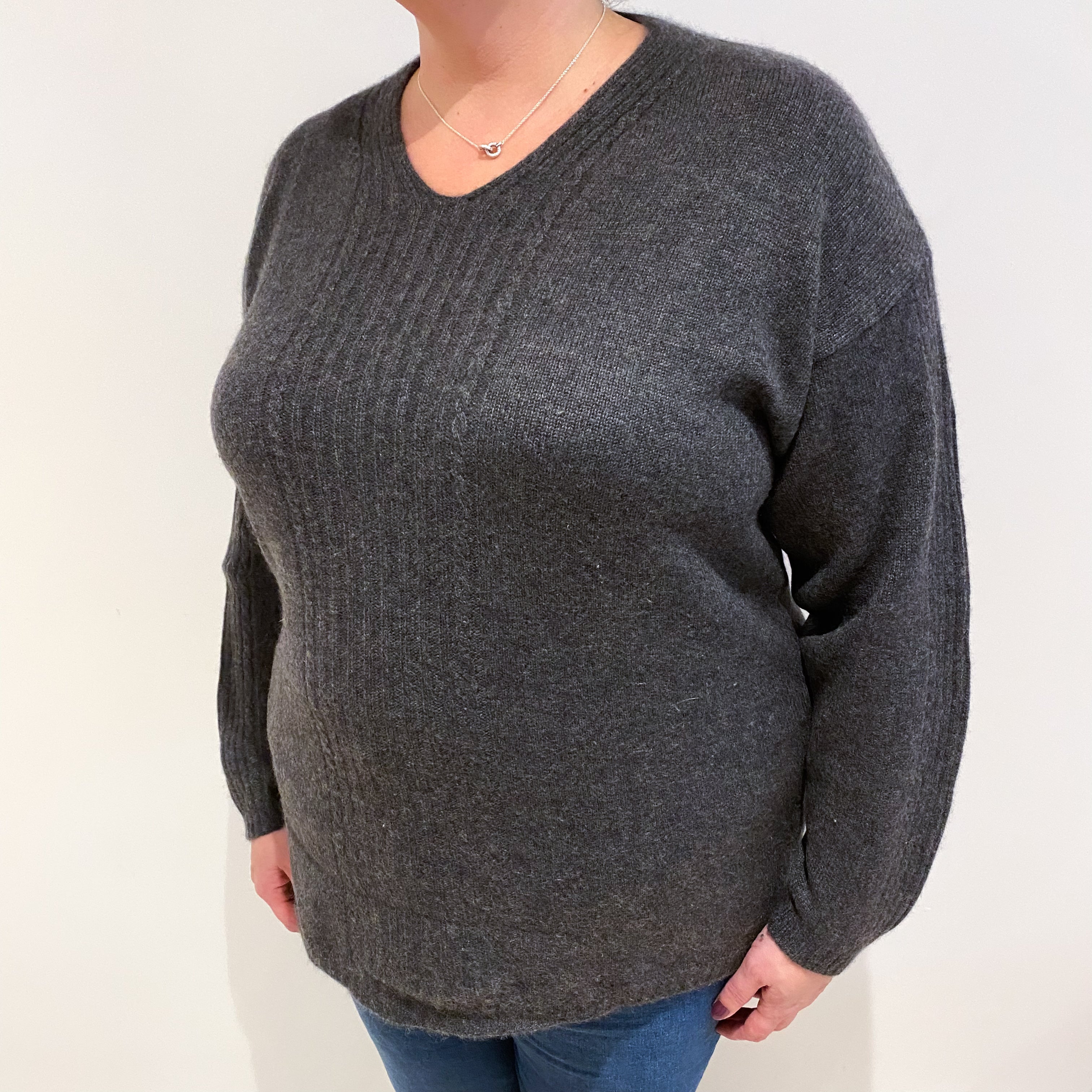 Slate Grey Cashmere V Neck Jumper Extra Large