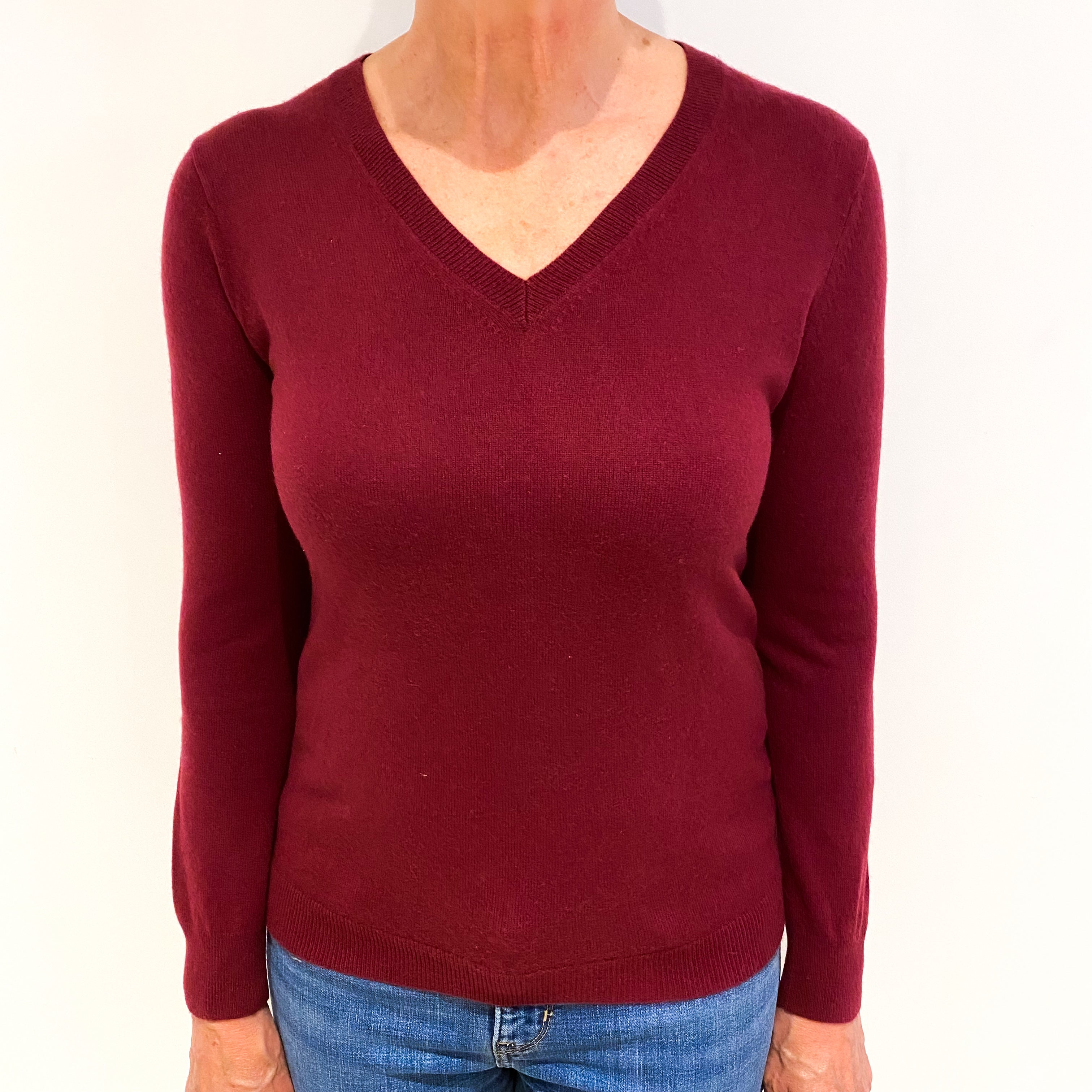 Burgundy Red Cashmere V Neck Jumper Medium
