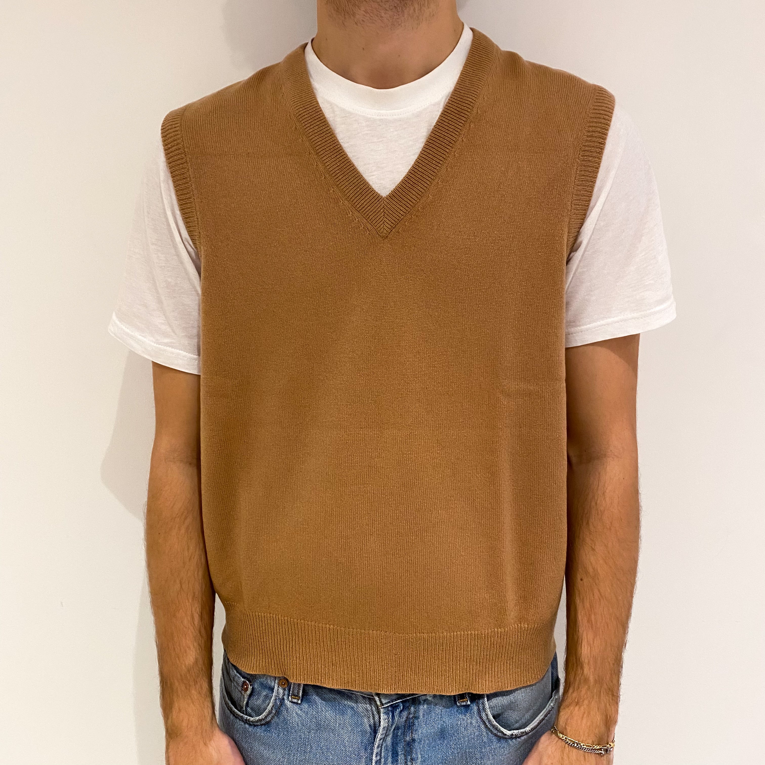 Men's Camel Brown Cashmere V Neck Tank Top Large