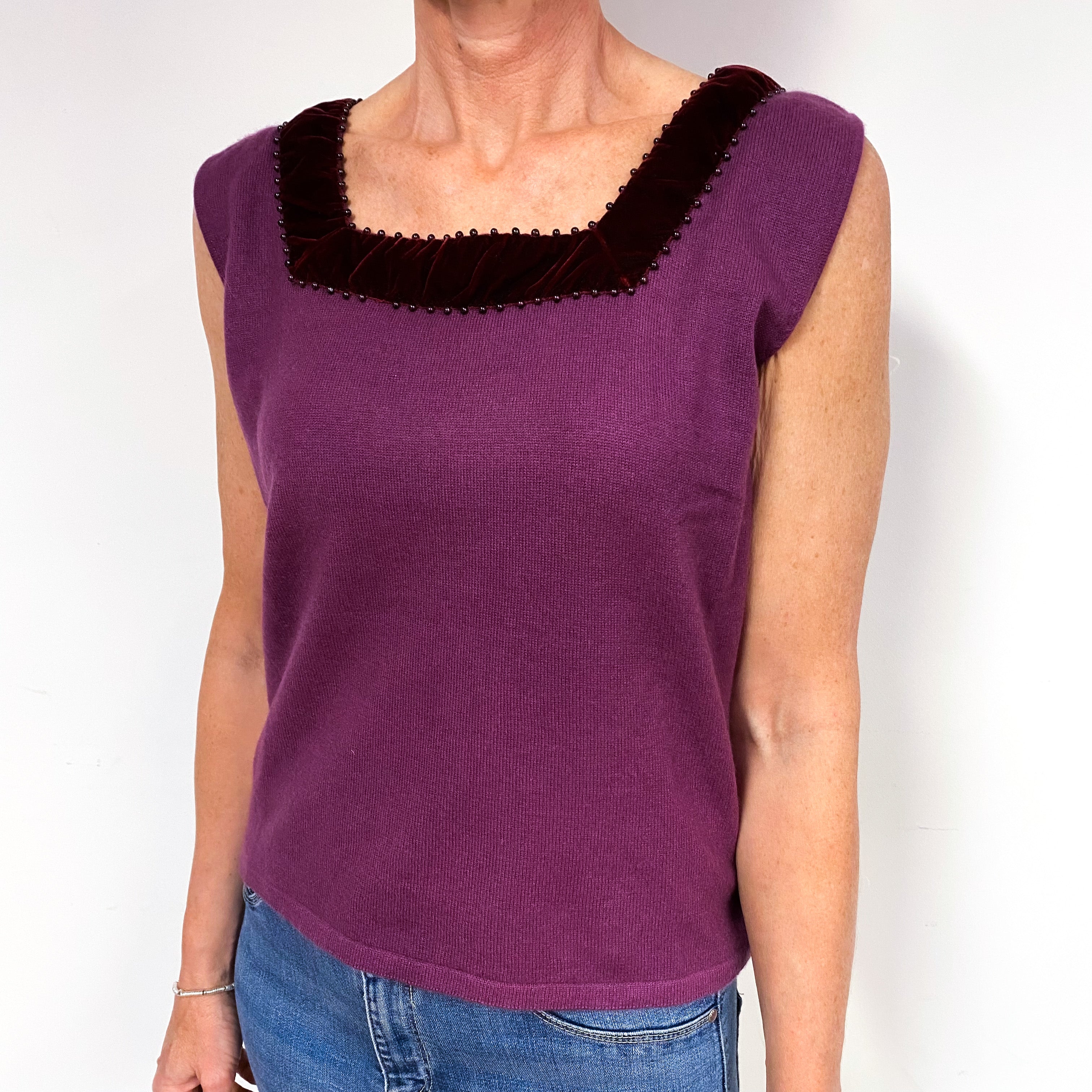 Plum Purple Cashmere Velvet Trimmed Vest Medium