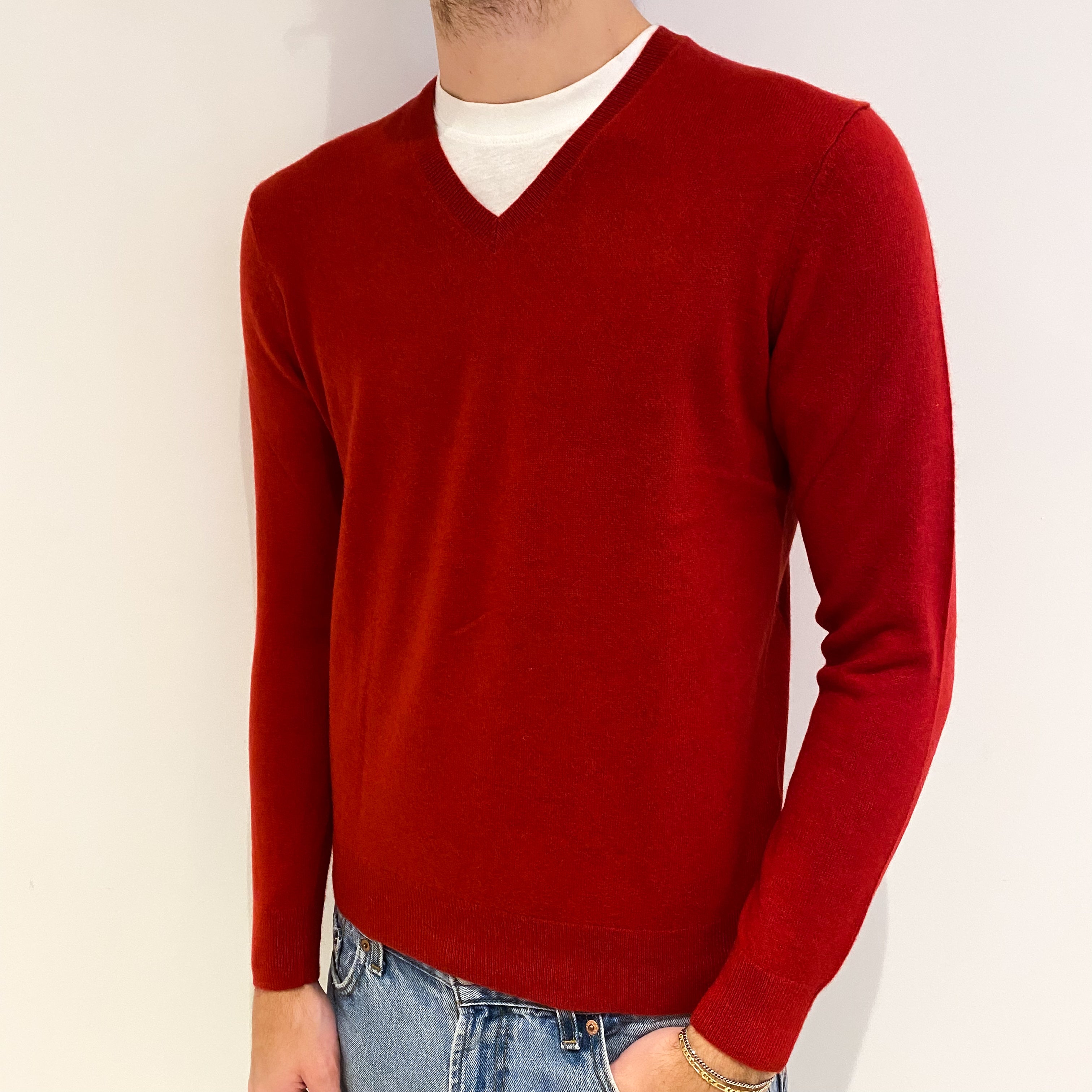Men's Crimson Red Cashmere V Neck Jumper Medium