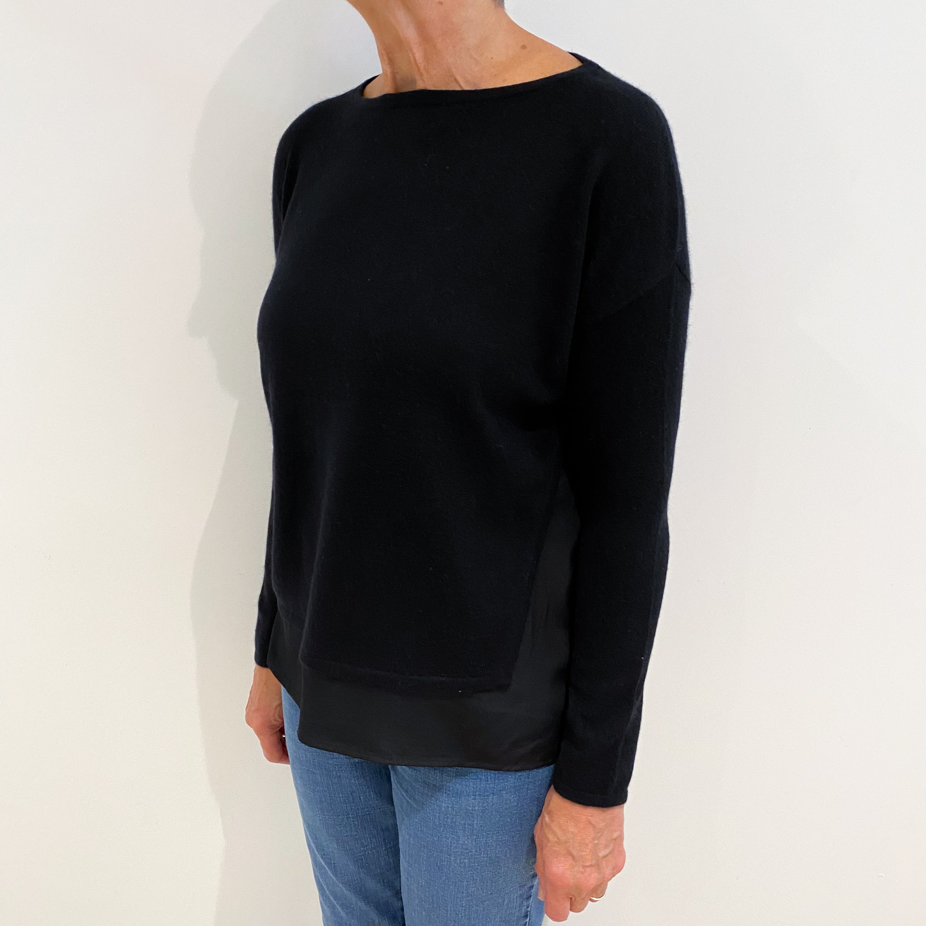 Black Silk Trim Cashmere Boat Neck Jumper Medium