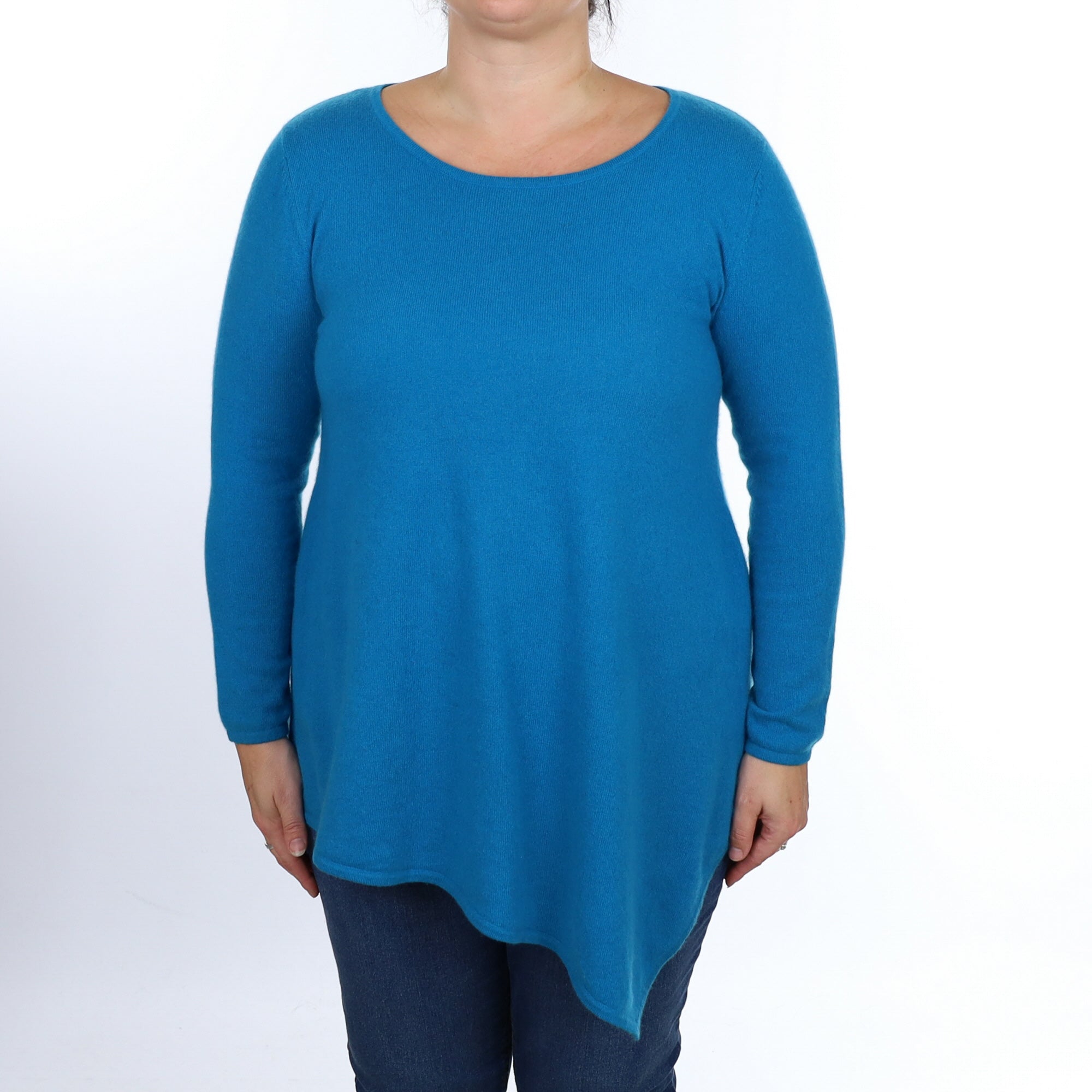 Mediterranean Blue Cashmere Asymmetric Crew Neck Tunic Large