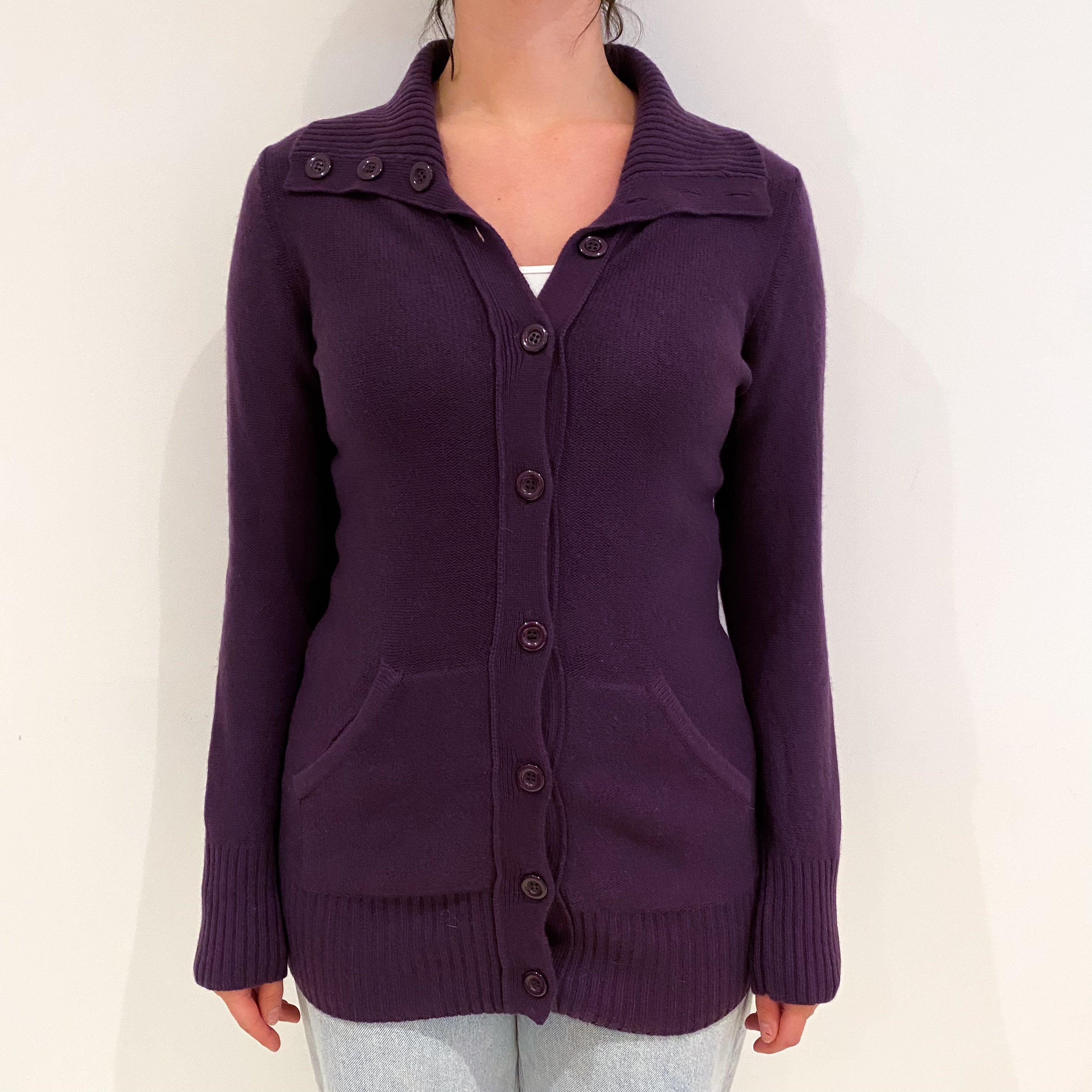 Blueberry Purple Cashmere Polo Neck Longline Cardigan With Pockets Small