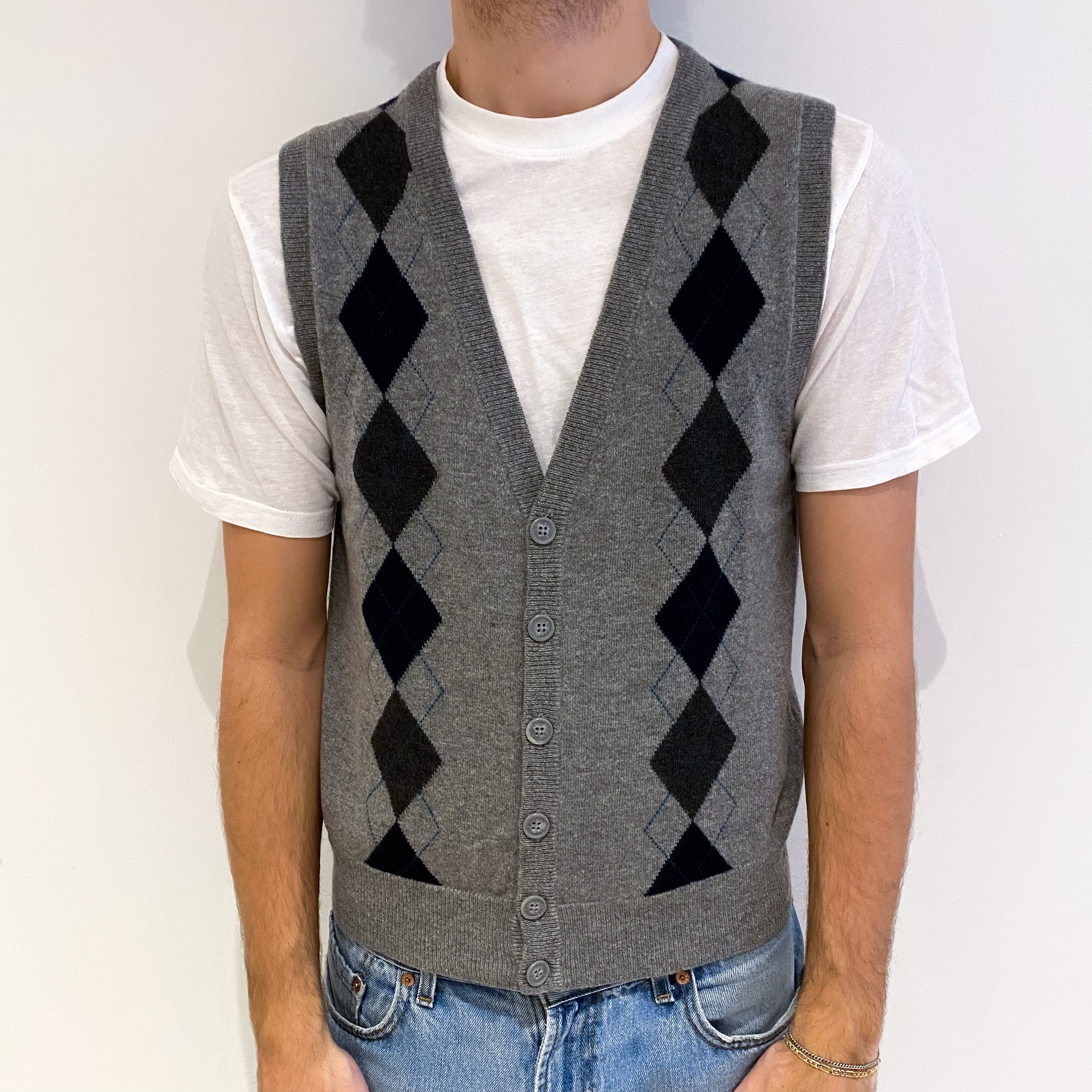 Men's Smoke Grey Patterned Cashmere V Neck Cardigan Medium