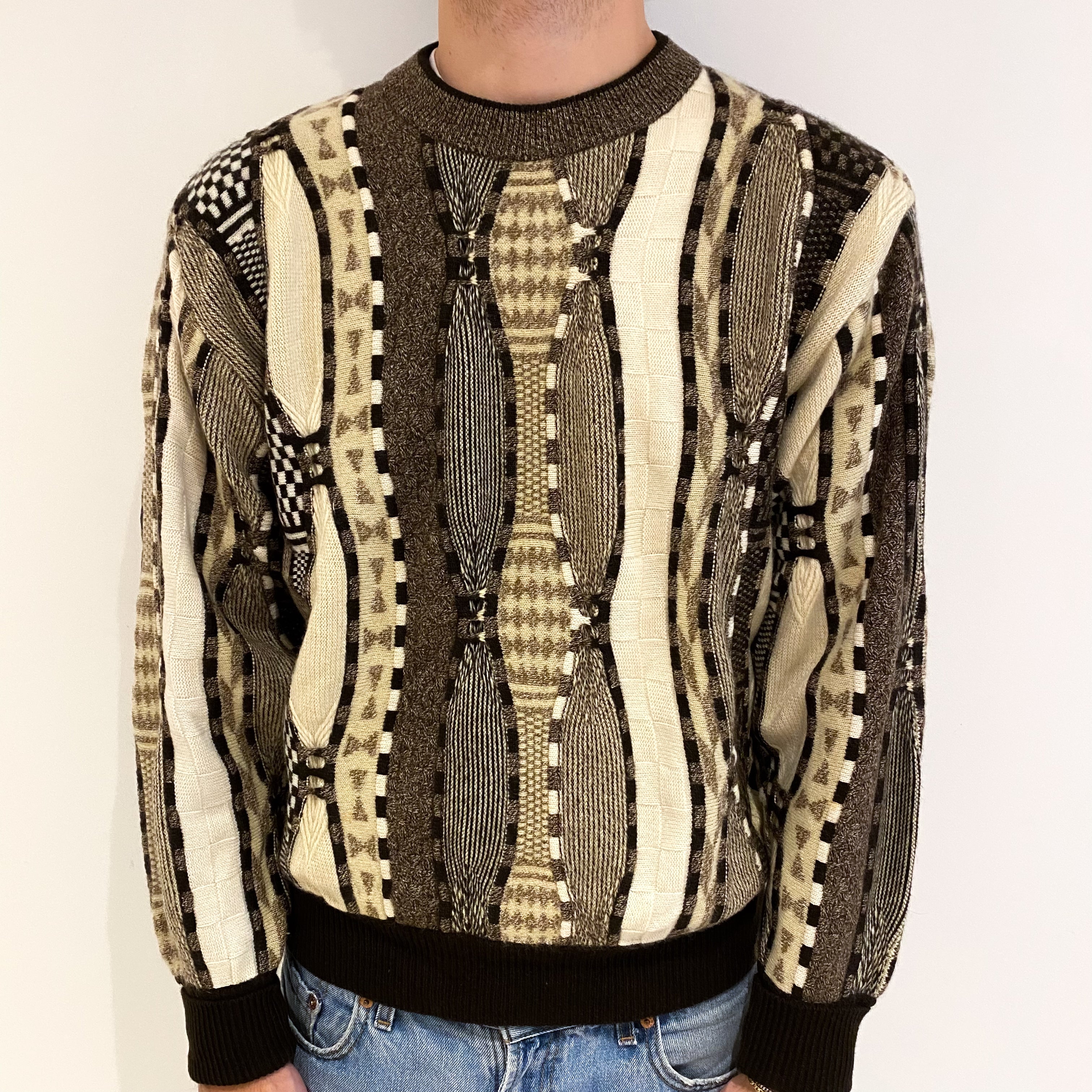 Men's Brown Beige and Cream Patterned Cashmere Crew Neck Jumper Large