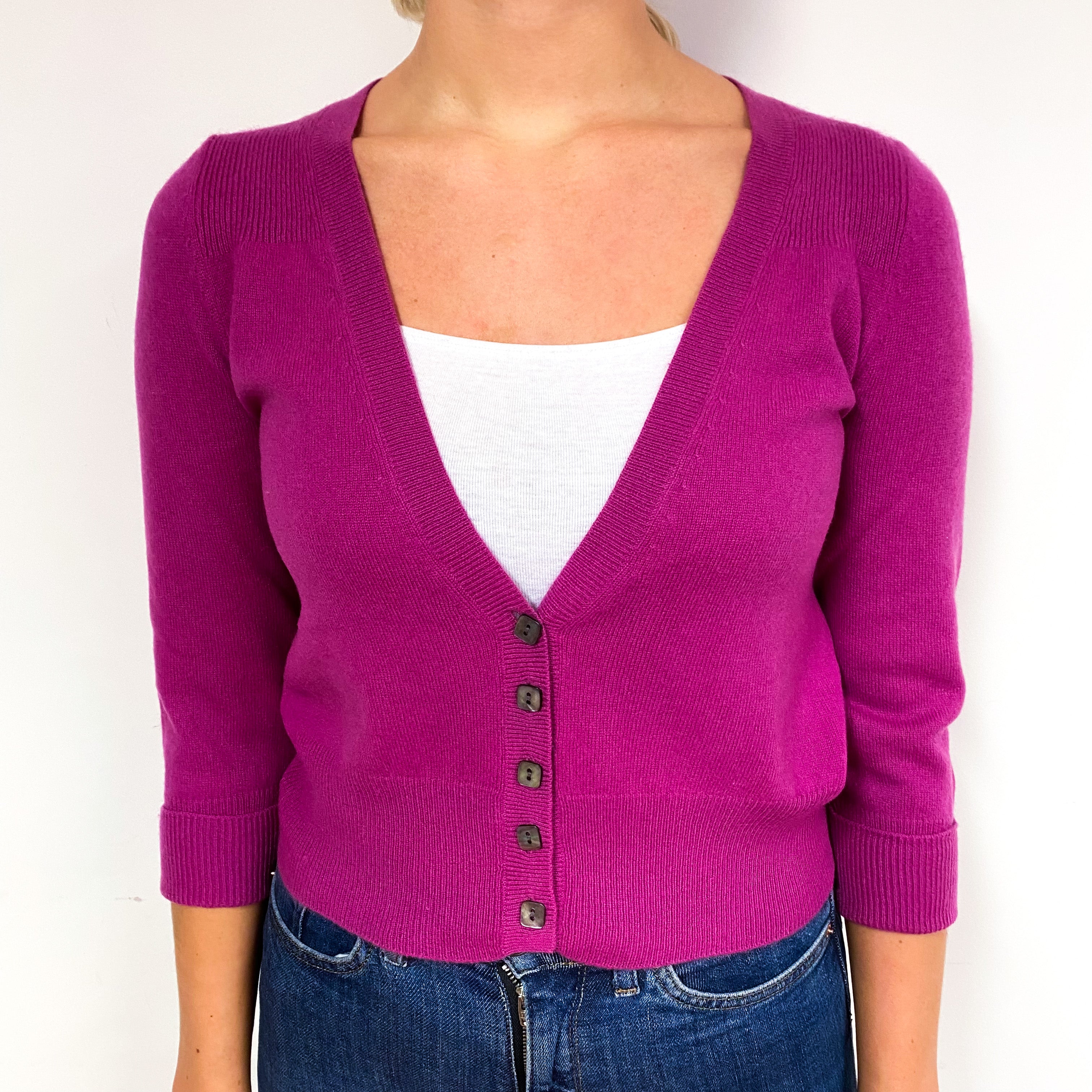 Magenta Pink Cropped Cashmere V-Neck Cardigan Small