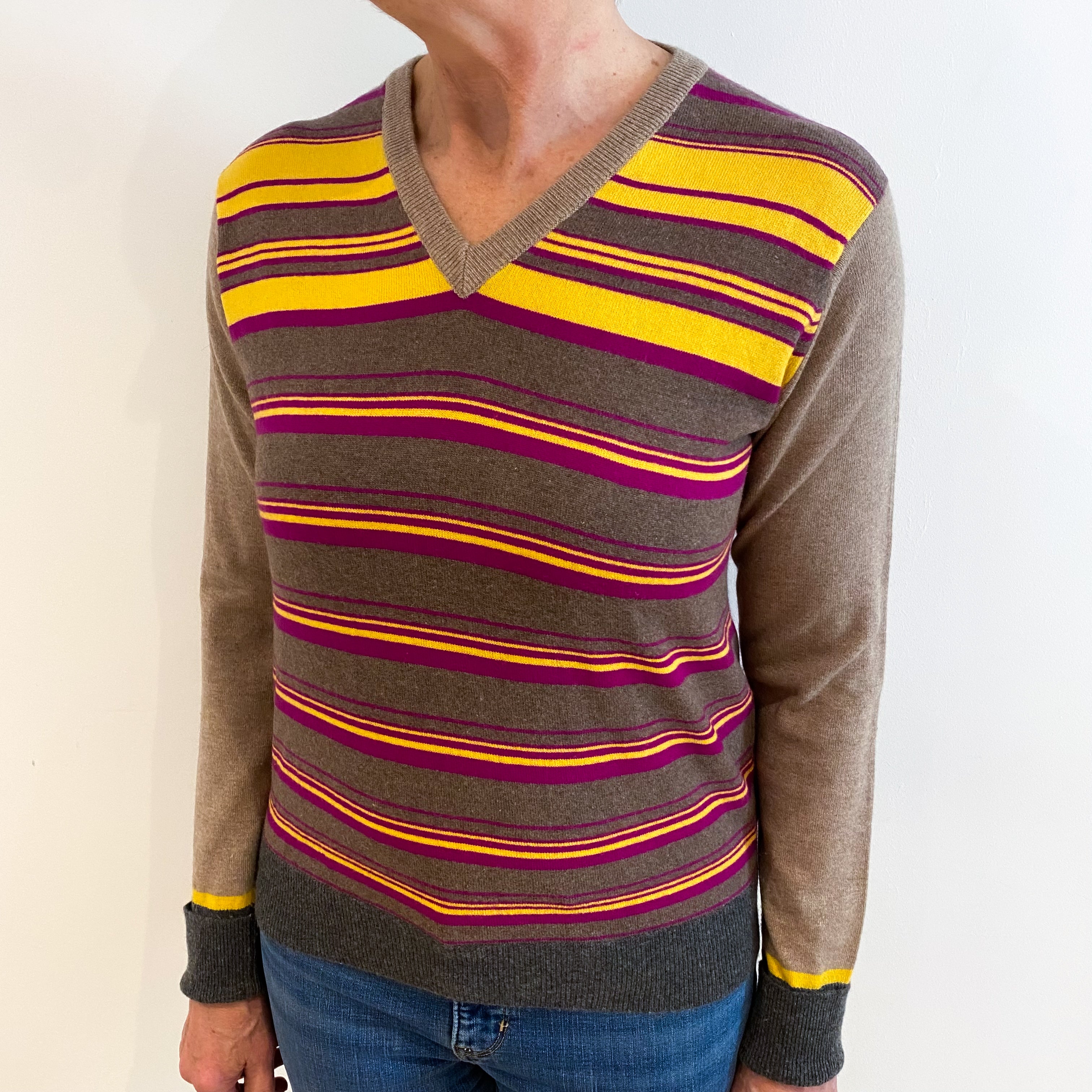 Mirco Termamini Mocha, Magenta And Yellow Striped Cashmere V Neck Jumper Medium