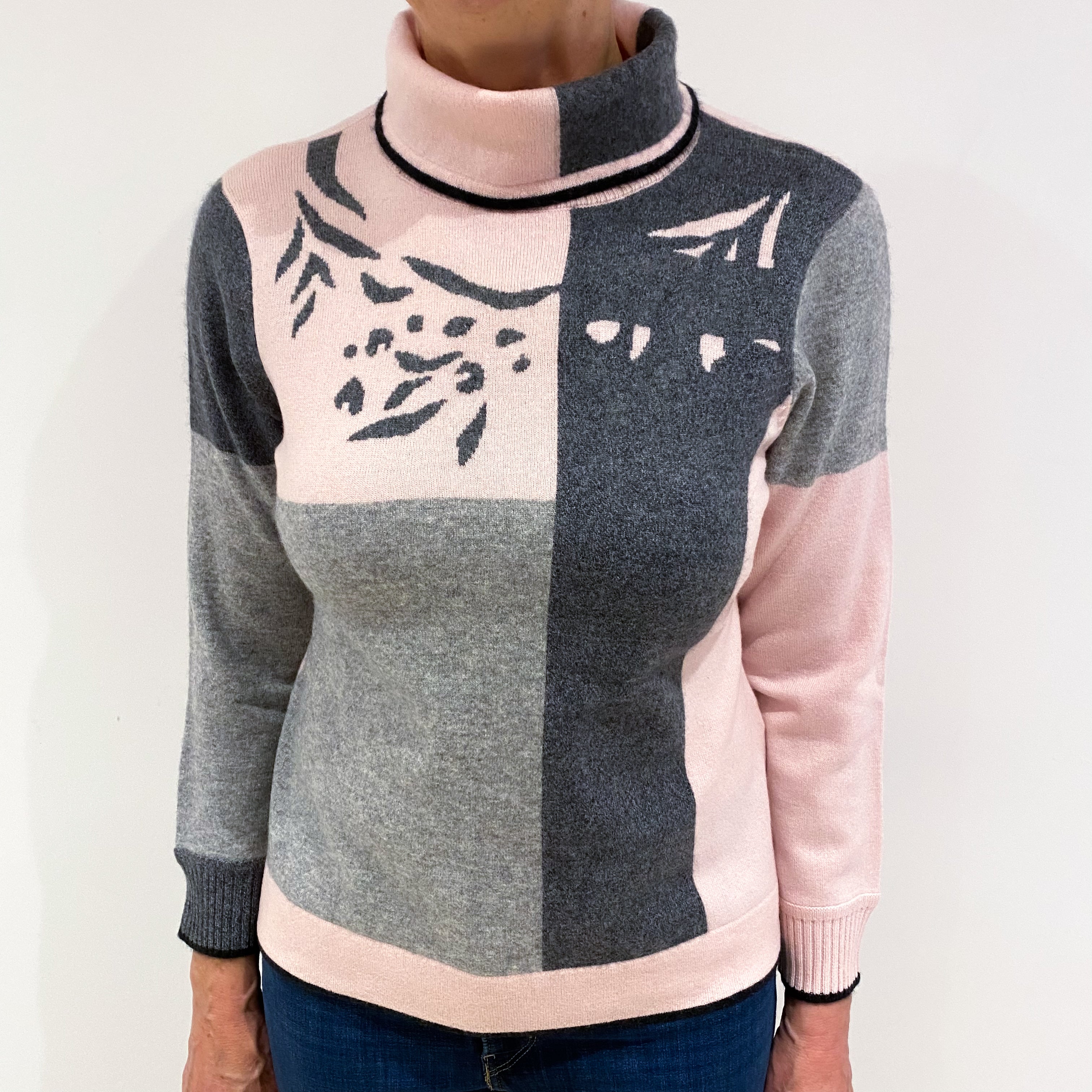 Grey and Pink Design Cashmere Loose Polo Neck Jumper Medium