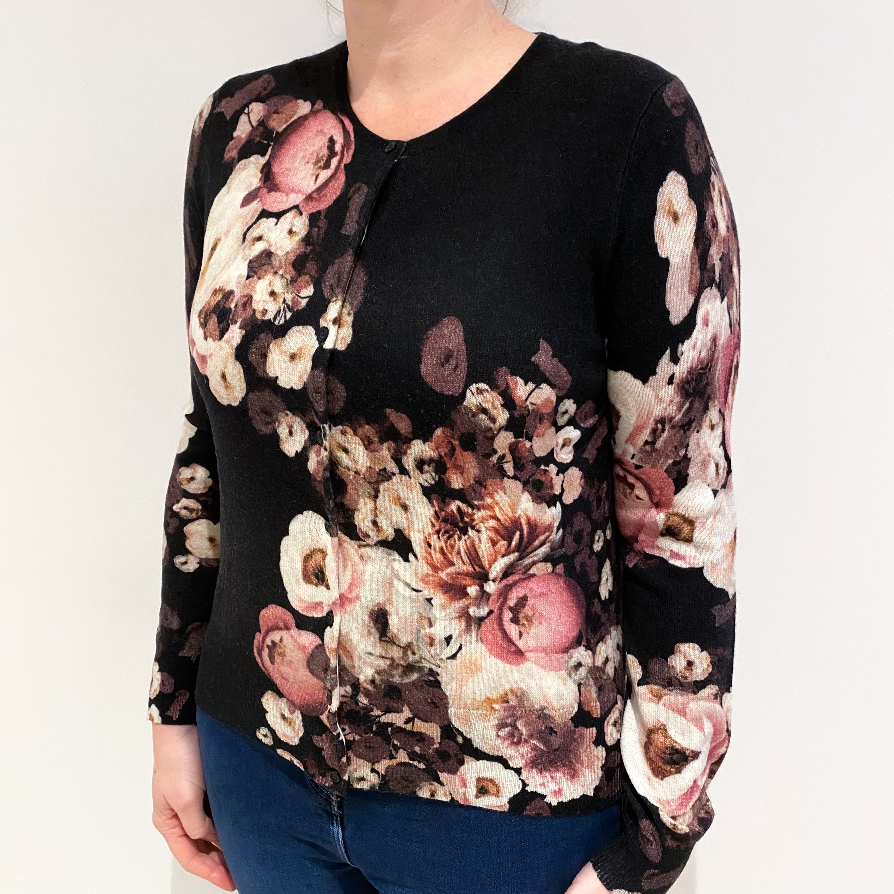 Black Floral Cashmere Crew Neck Cardigan Large