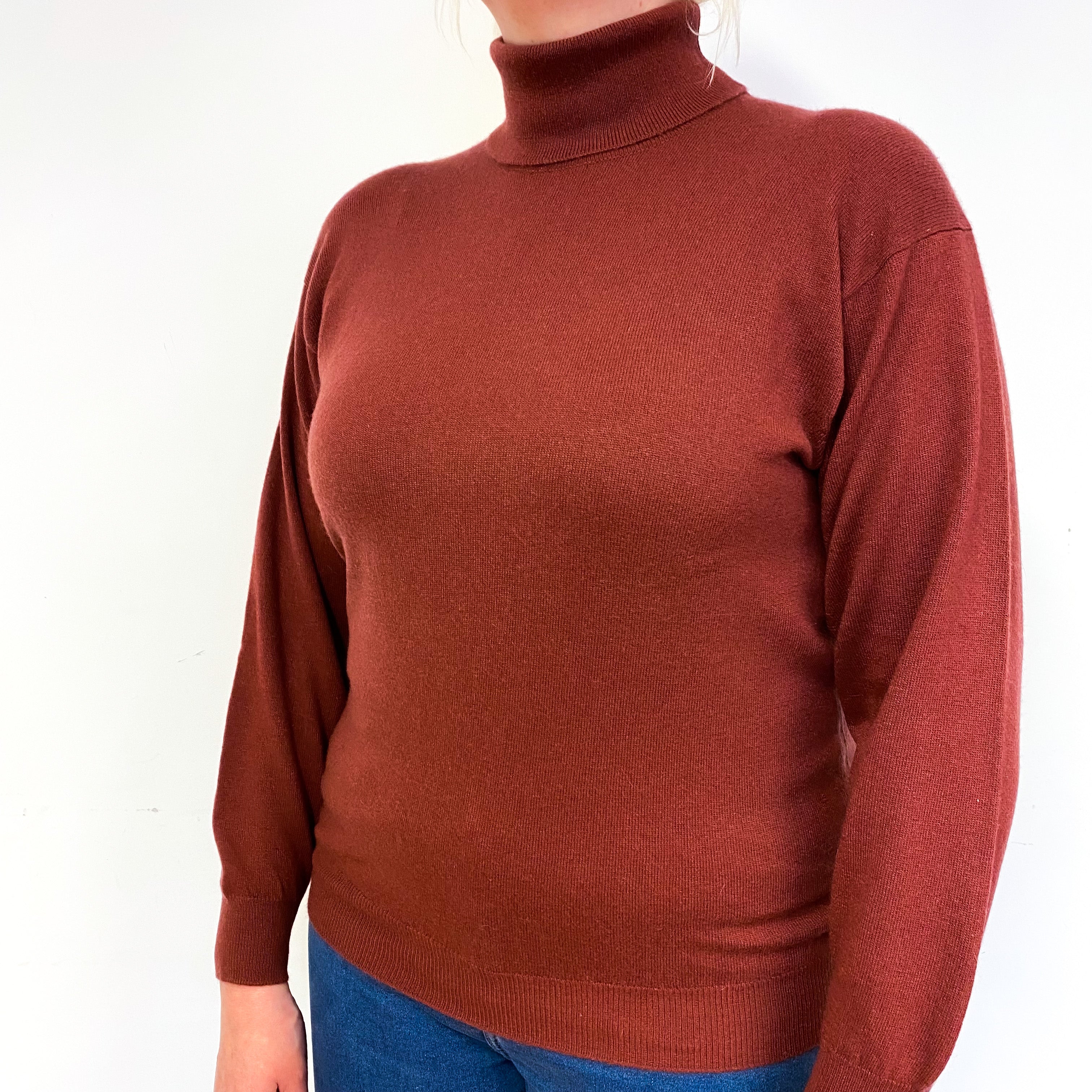 Scottish Brick Red Cashmere Polo Neck Jumper Large