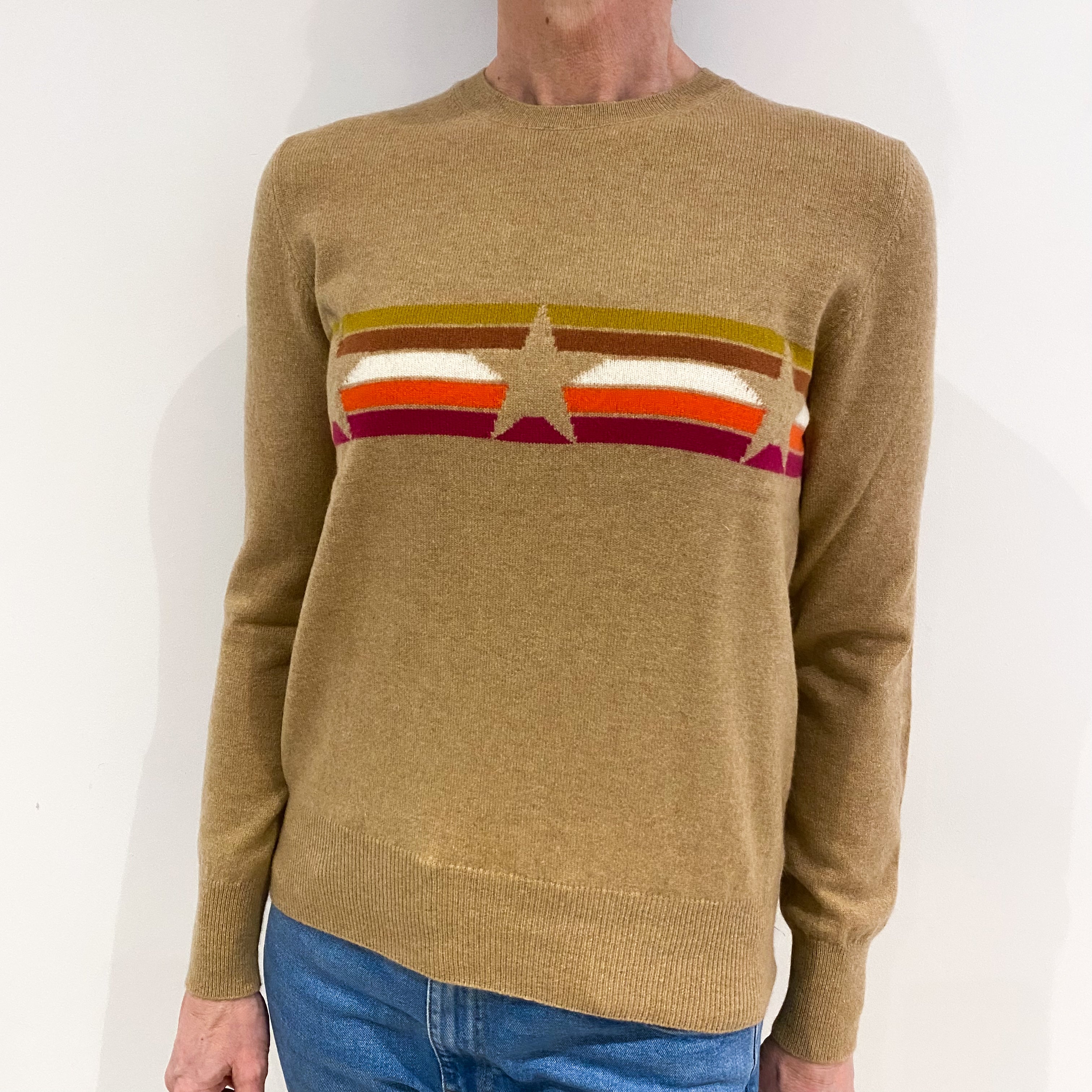 Camel Brown Star and Striped Pattern Cashmere Crew Neck Jumper Small