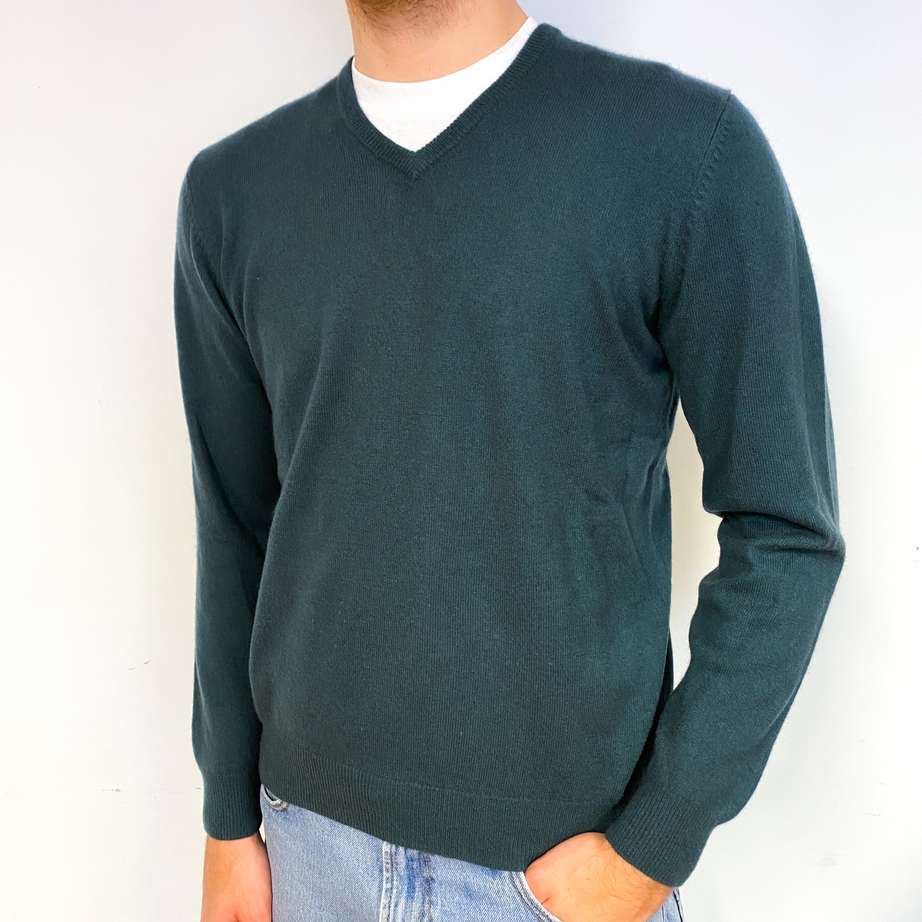Men's Forest Green Cashmere V-Neck Jumper Medium