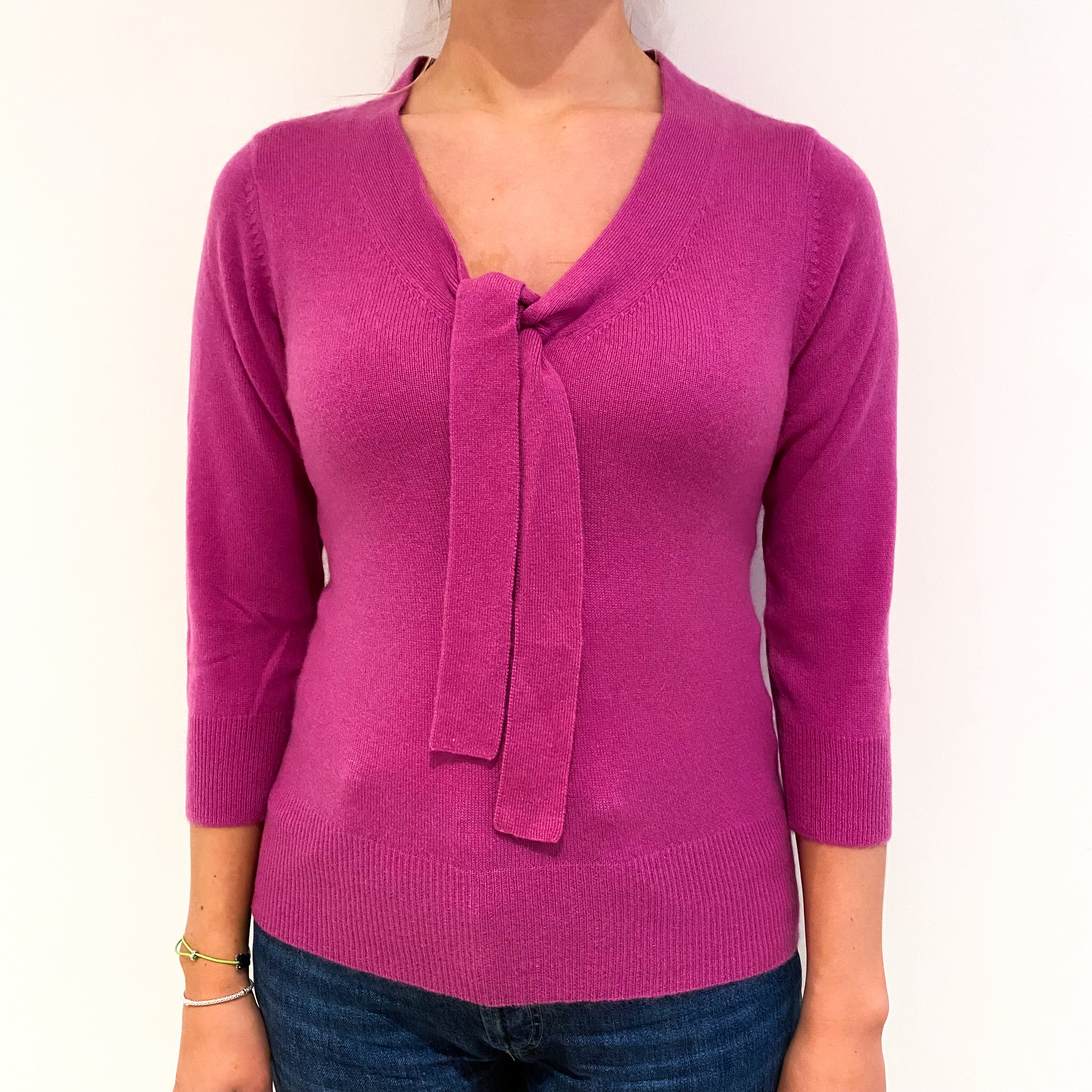Fuchsia Pink Cashmere V Neck Jumper Small