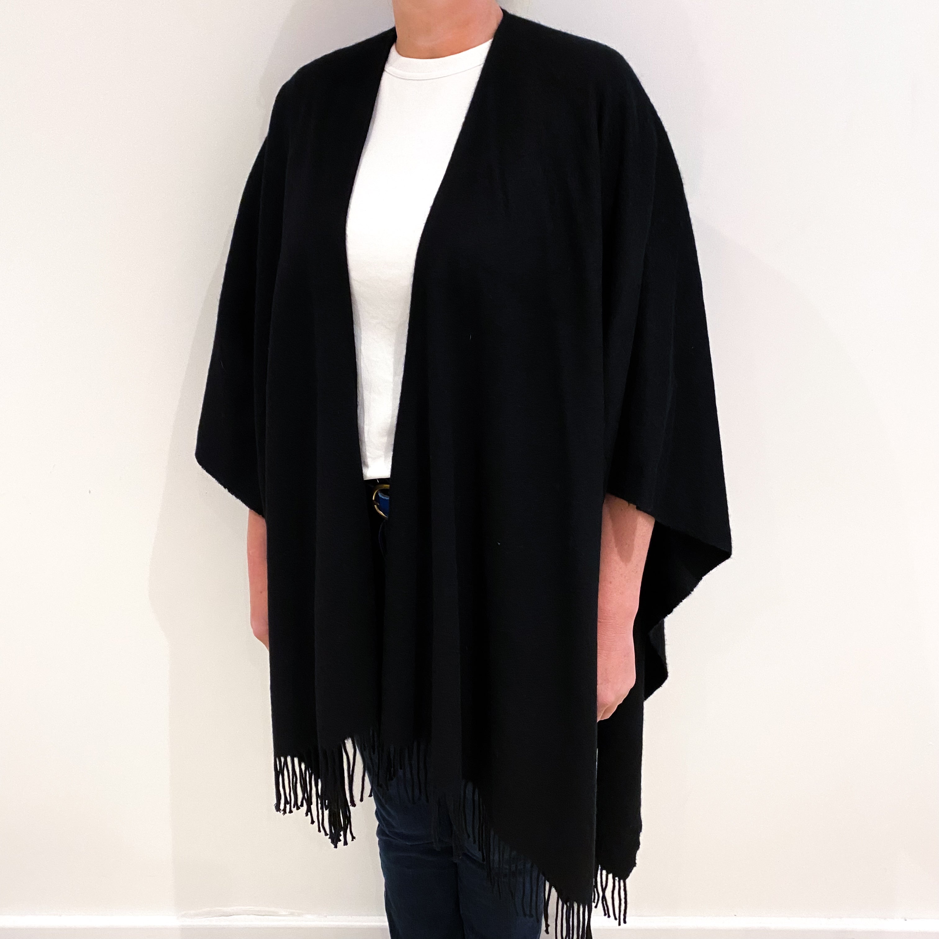 Black Cashmere Fringed Wrap Style Cardigan One Size