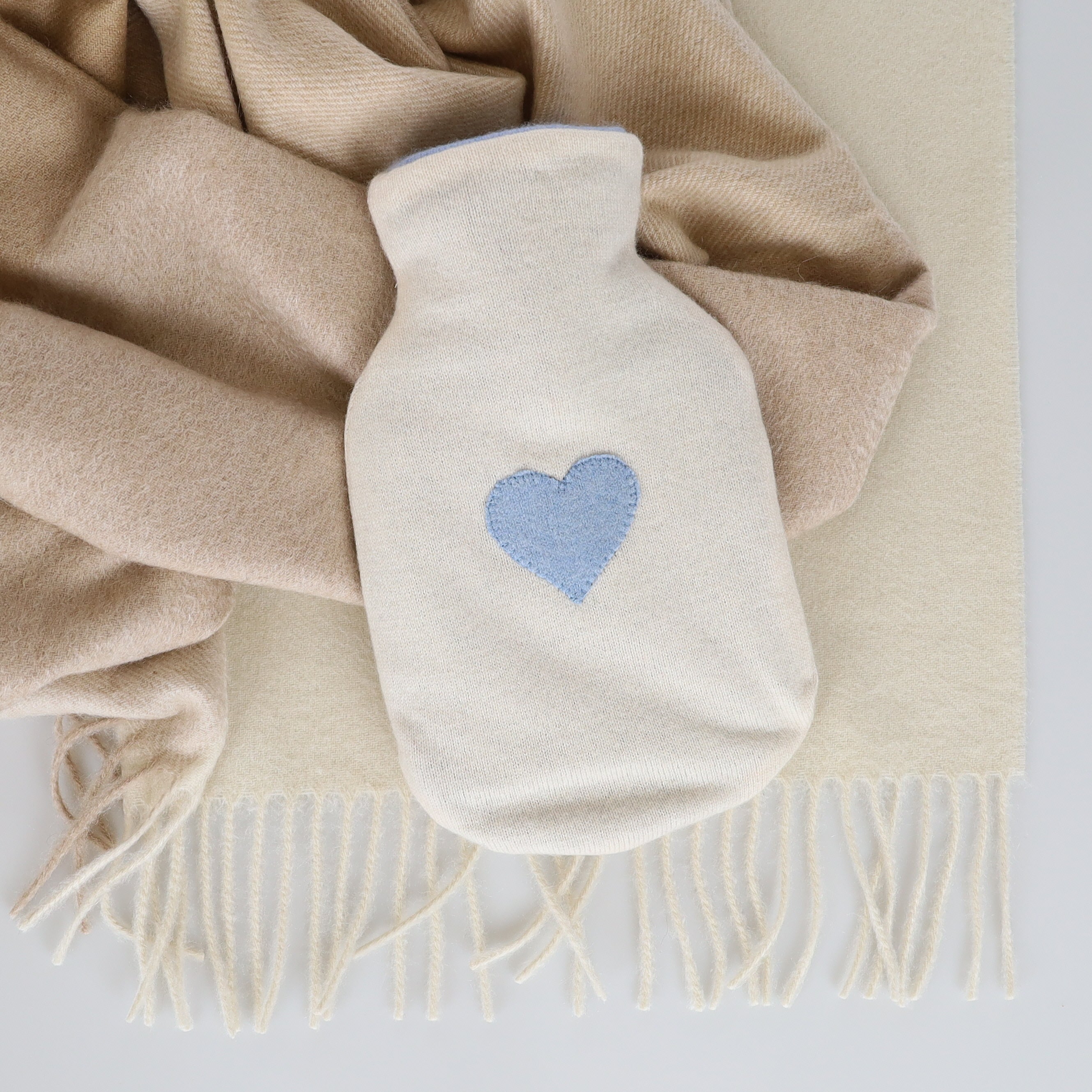Ivory and Pale Blue Small Cashmere Hot Water Bottle