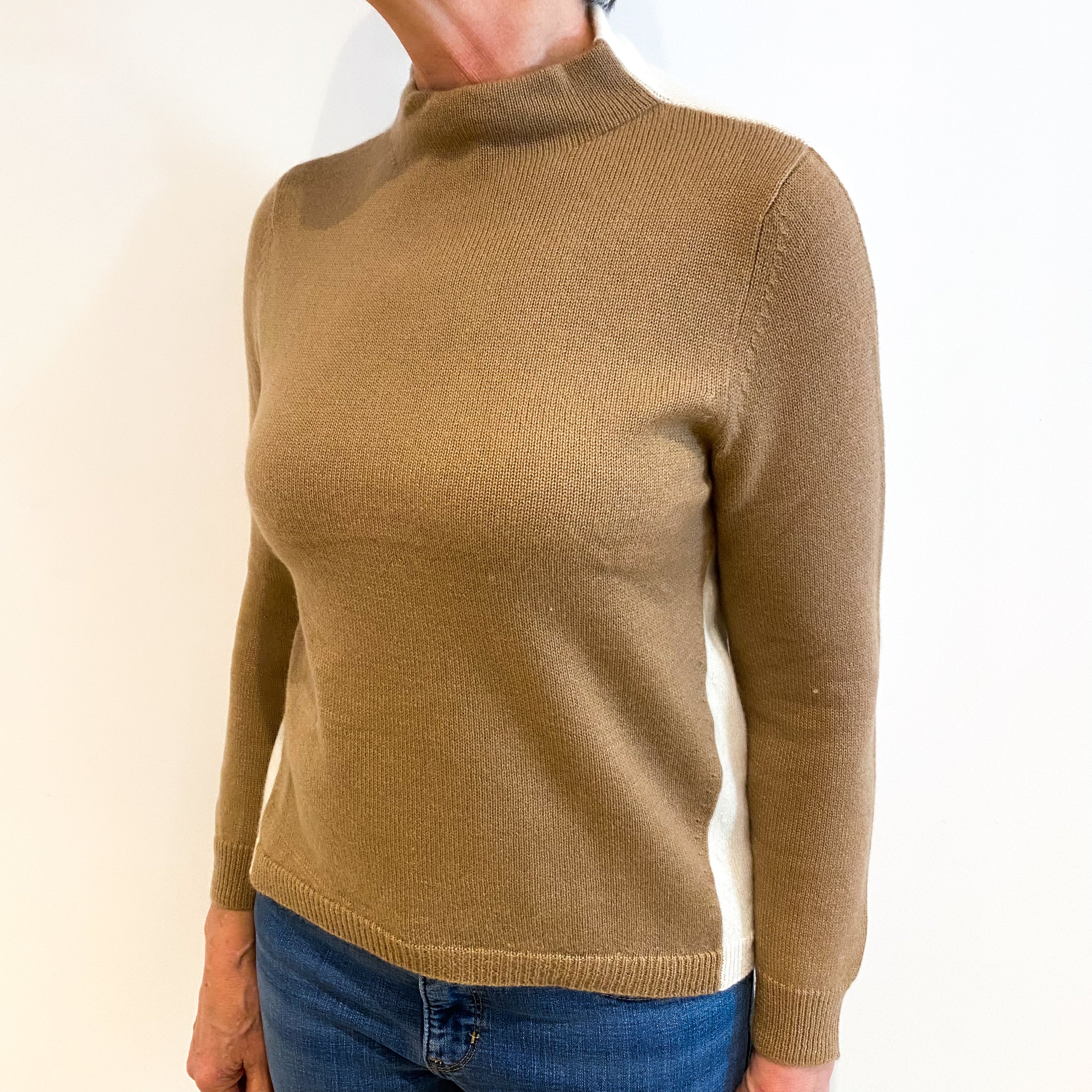 Camel And Cream Colour Block Cashmere Turtle Neck Jumper Medium