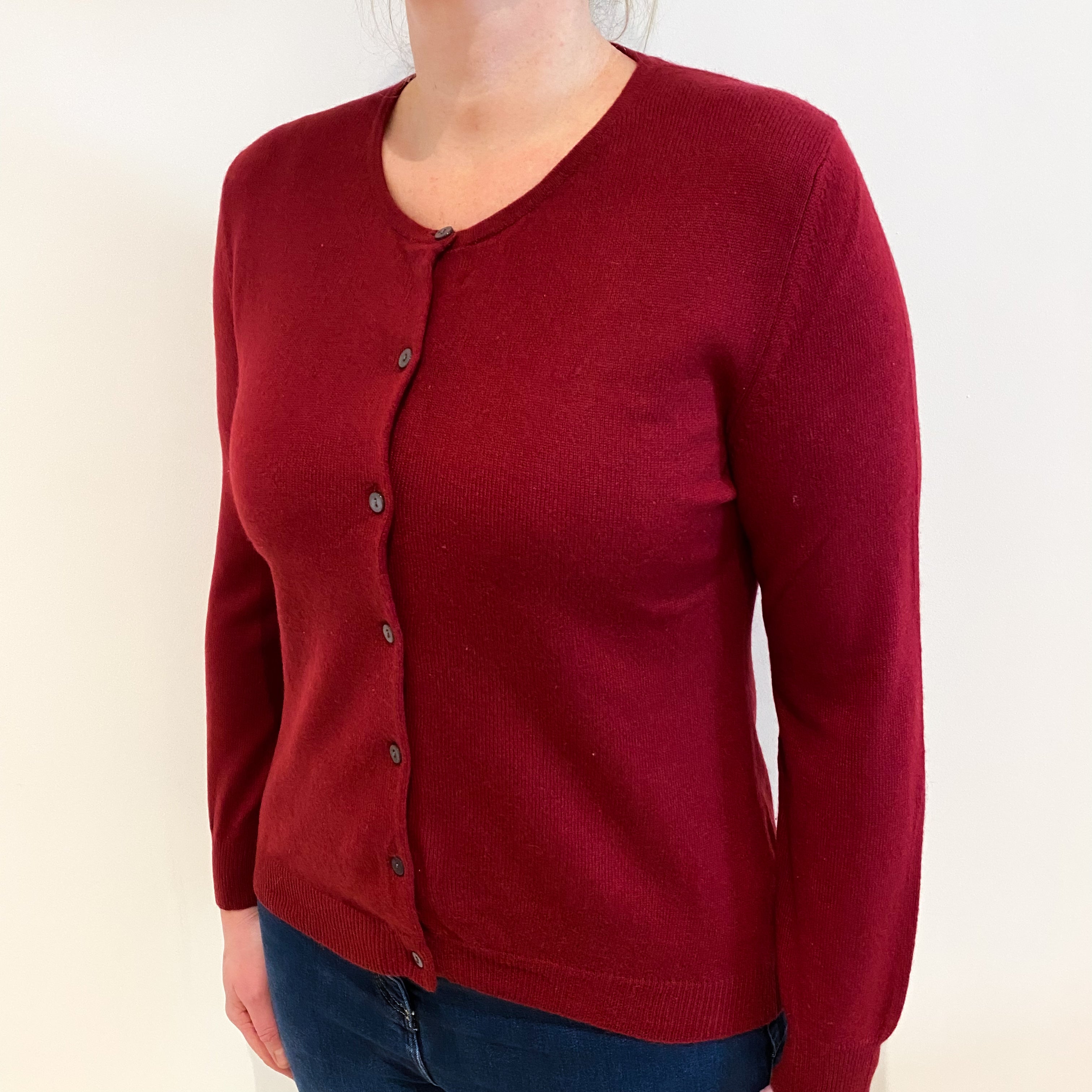 Burgundy Red Cashmere Crew Neck Cardigan Large