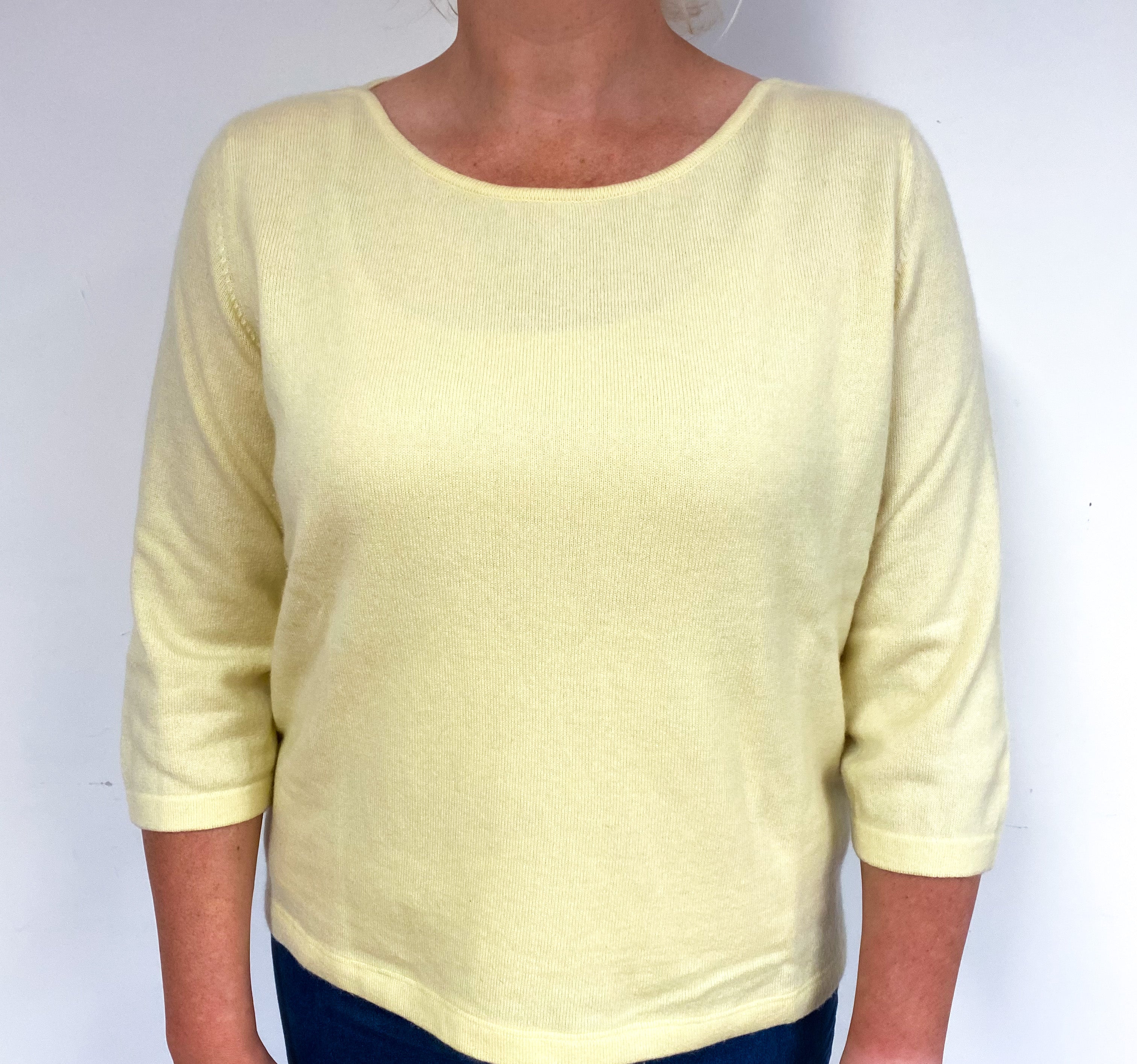 Primrose Yellow 3/4 Sleeve Cashmere Crew Neck Jumper Large