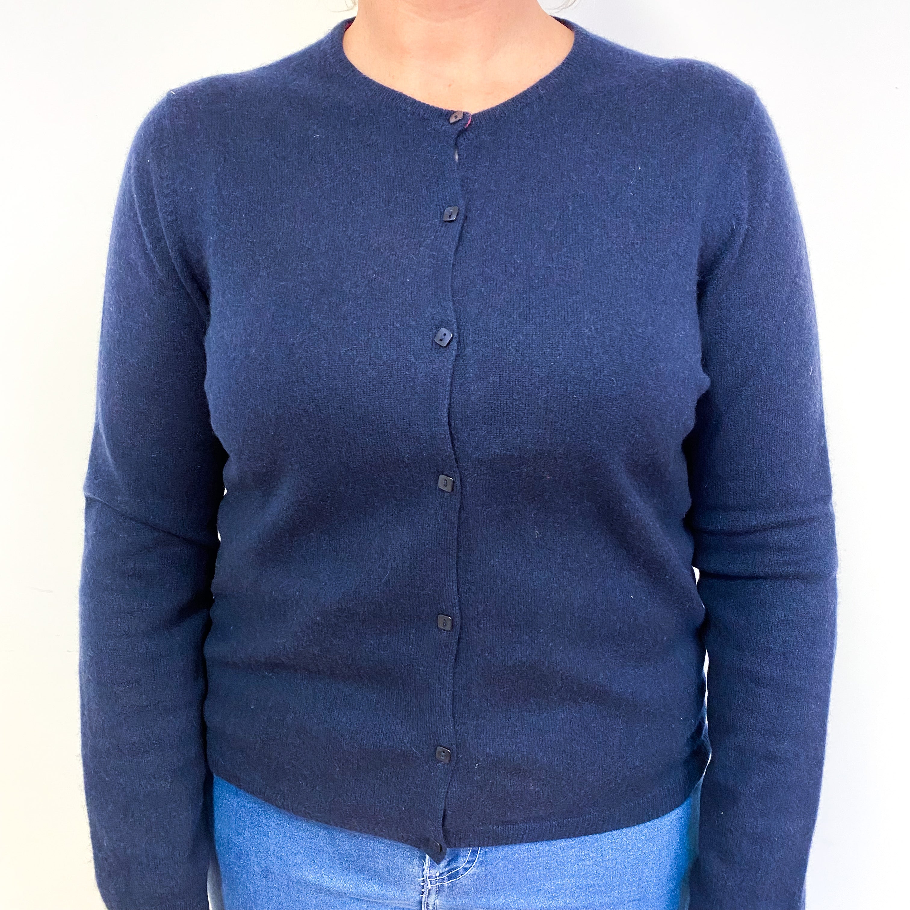 Dark Navy Blue Cashmere Crew Neck Cardigan Large