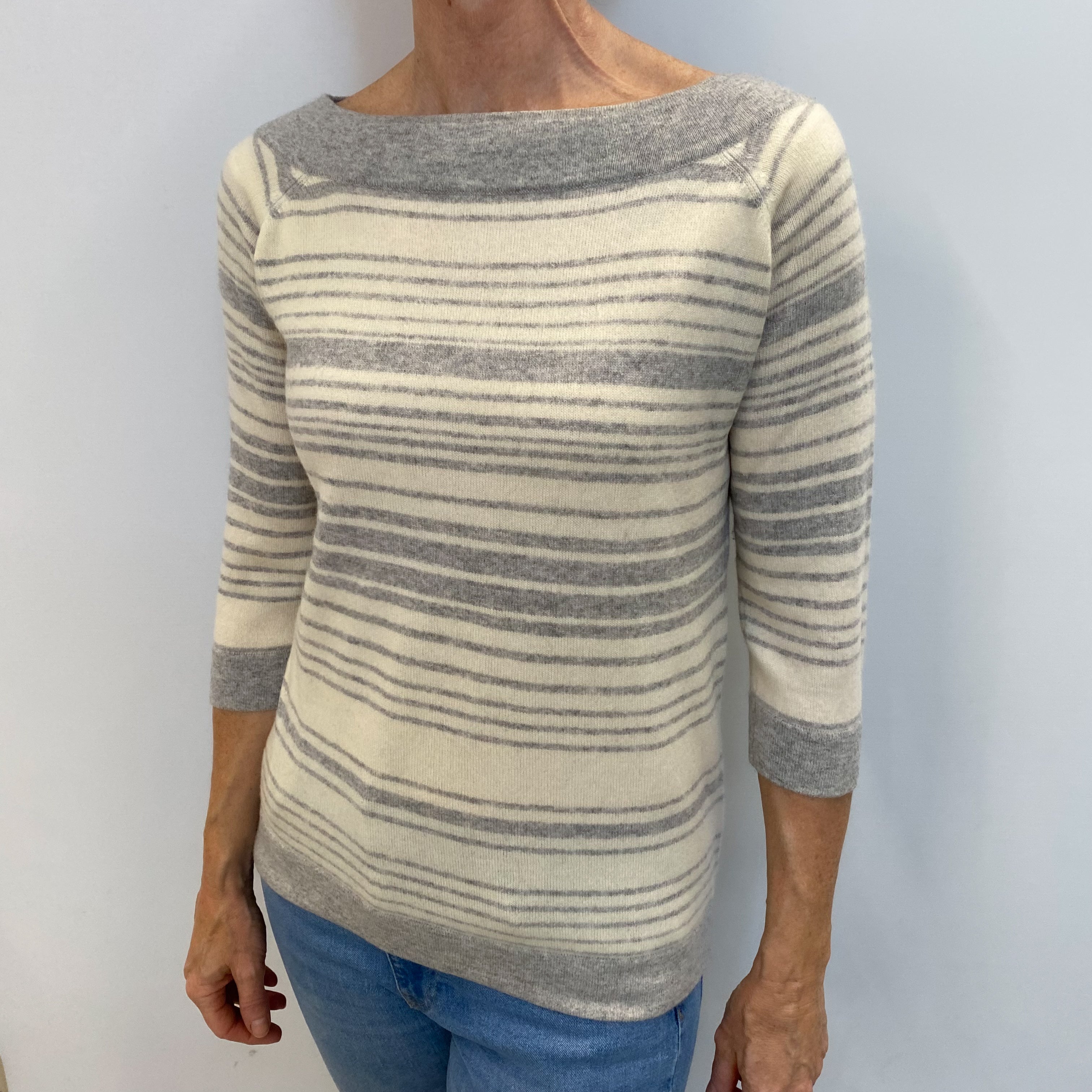 Smoke Grey Striped Cashmere Boat Neck Jumper Small