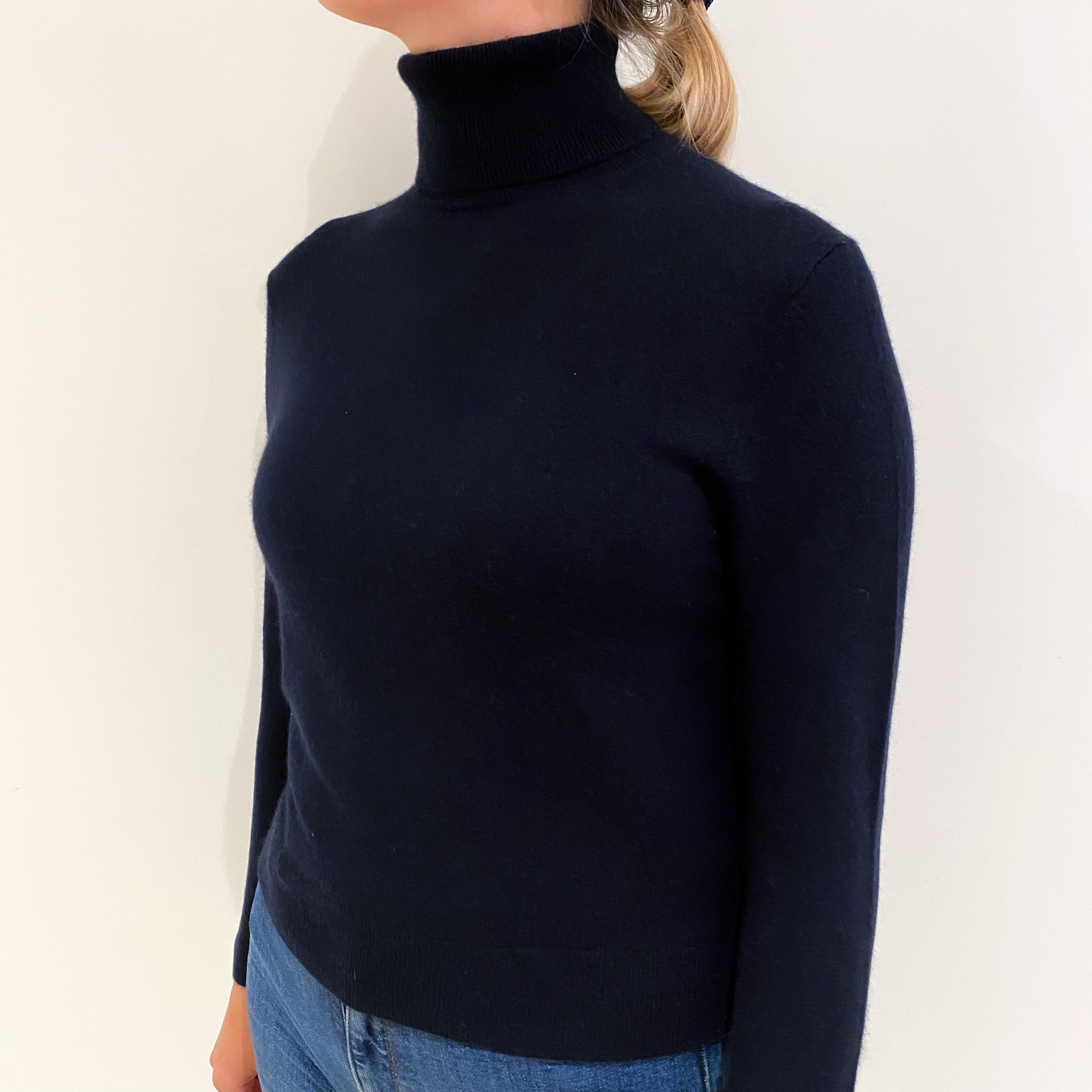 Darkest Navy Blue Cashmere Polo Neck Jumper Small