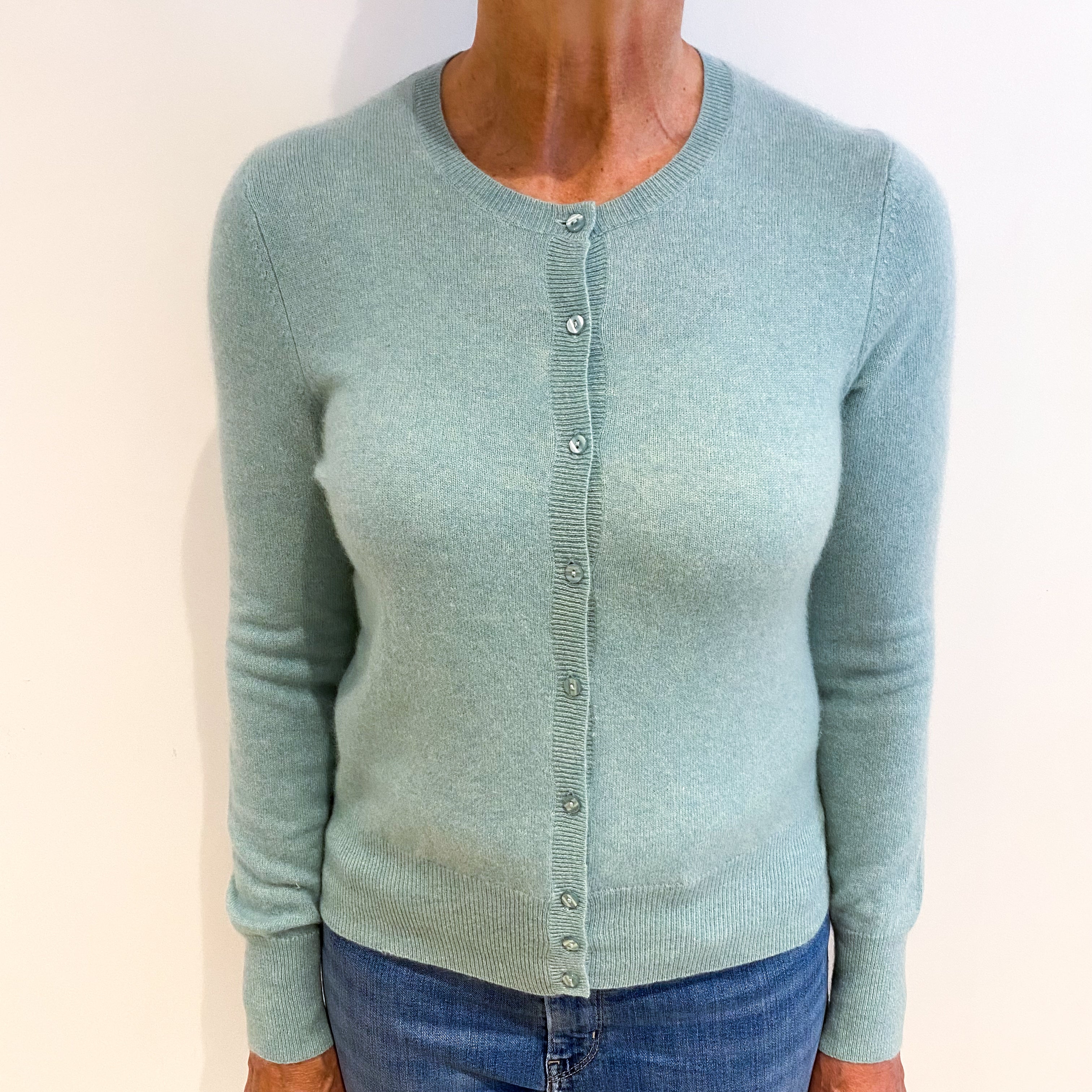 Pale Aqua Green Cashmere Crew Neck Cardigan Medium