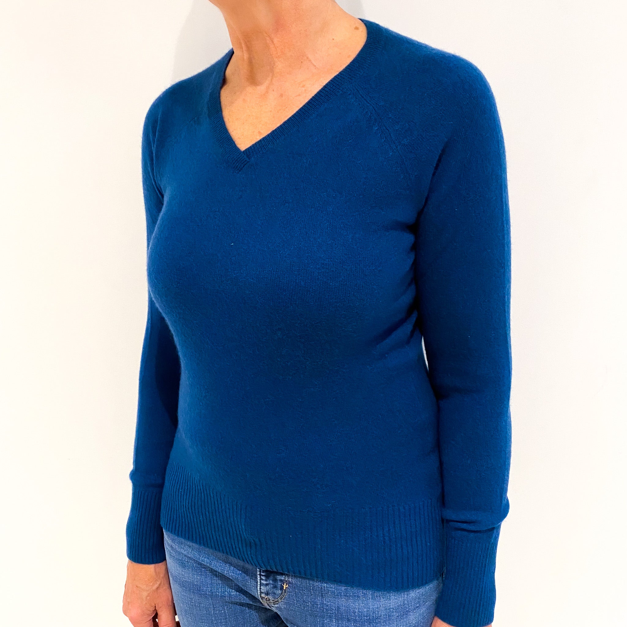 Petrol Blue Cashmere V Neck Jumper Medium
