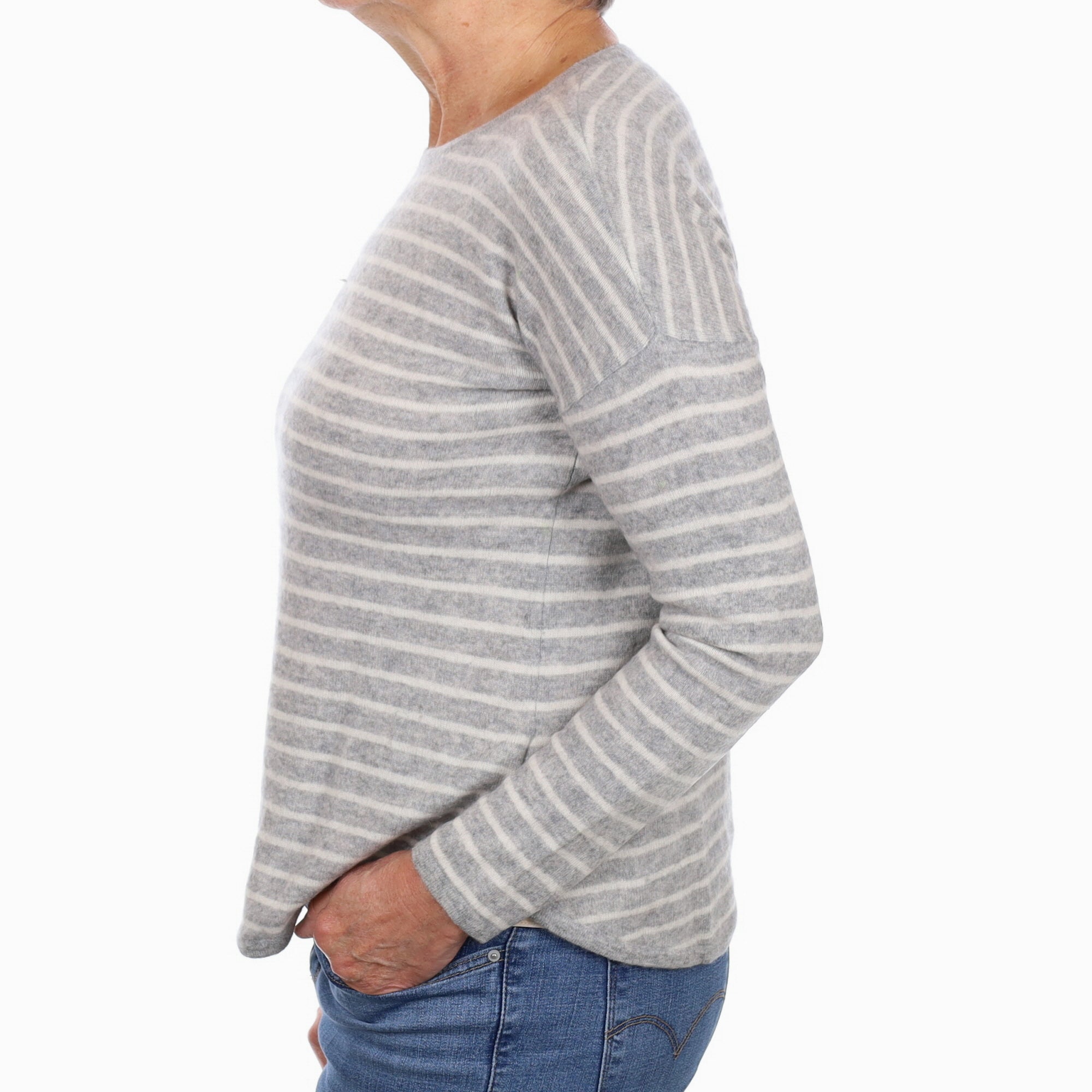 Smoke Grey Stripe Cashmere Crew Neck Jumper Medium