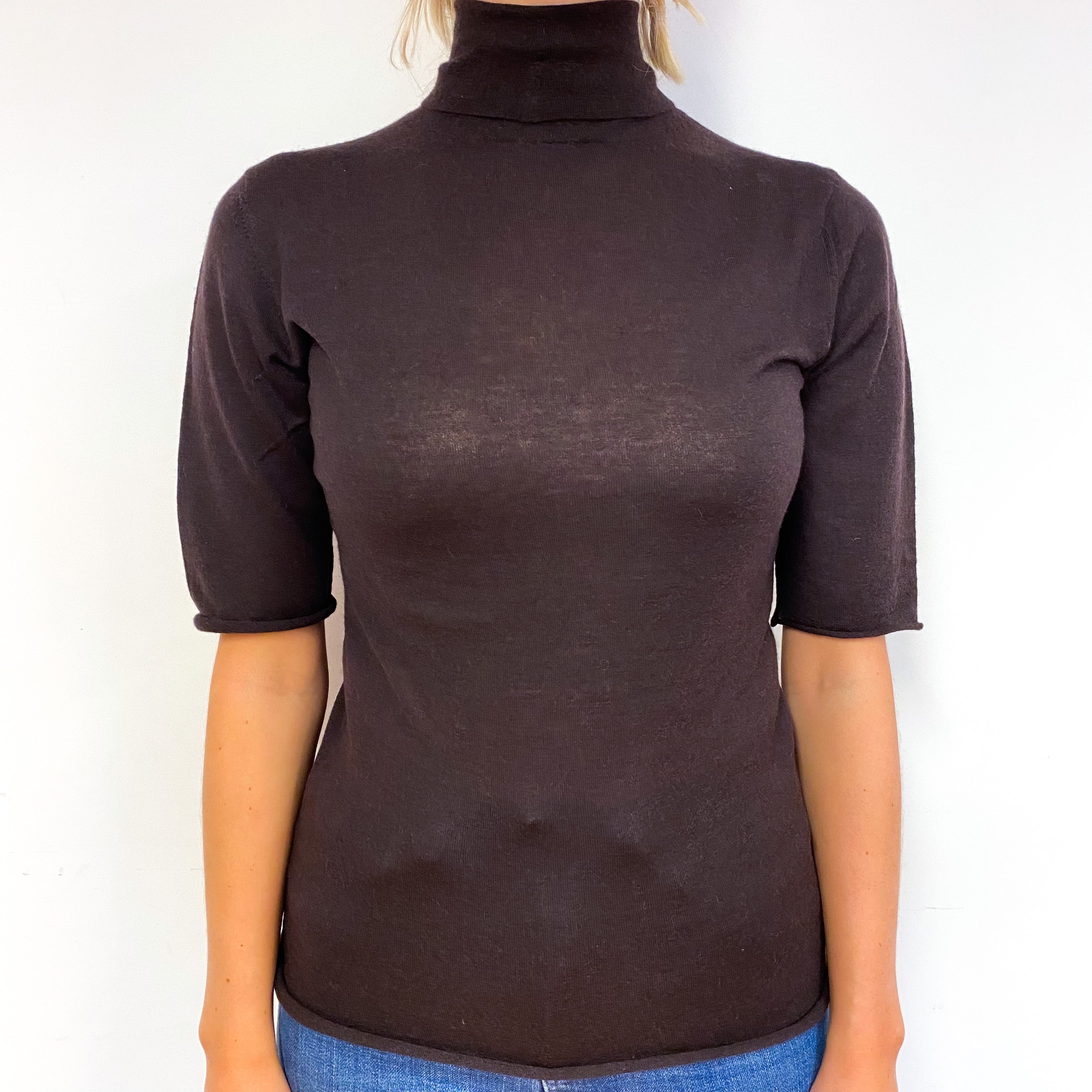 Peppercorn Brown Short Sleeve Cashmere Polo Neck Jumper Small